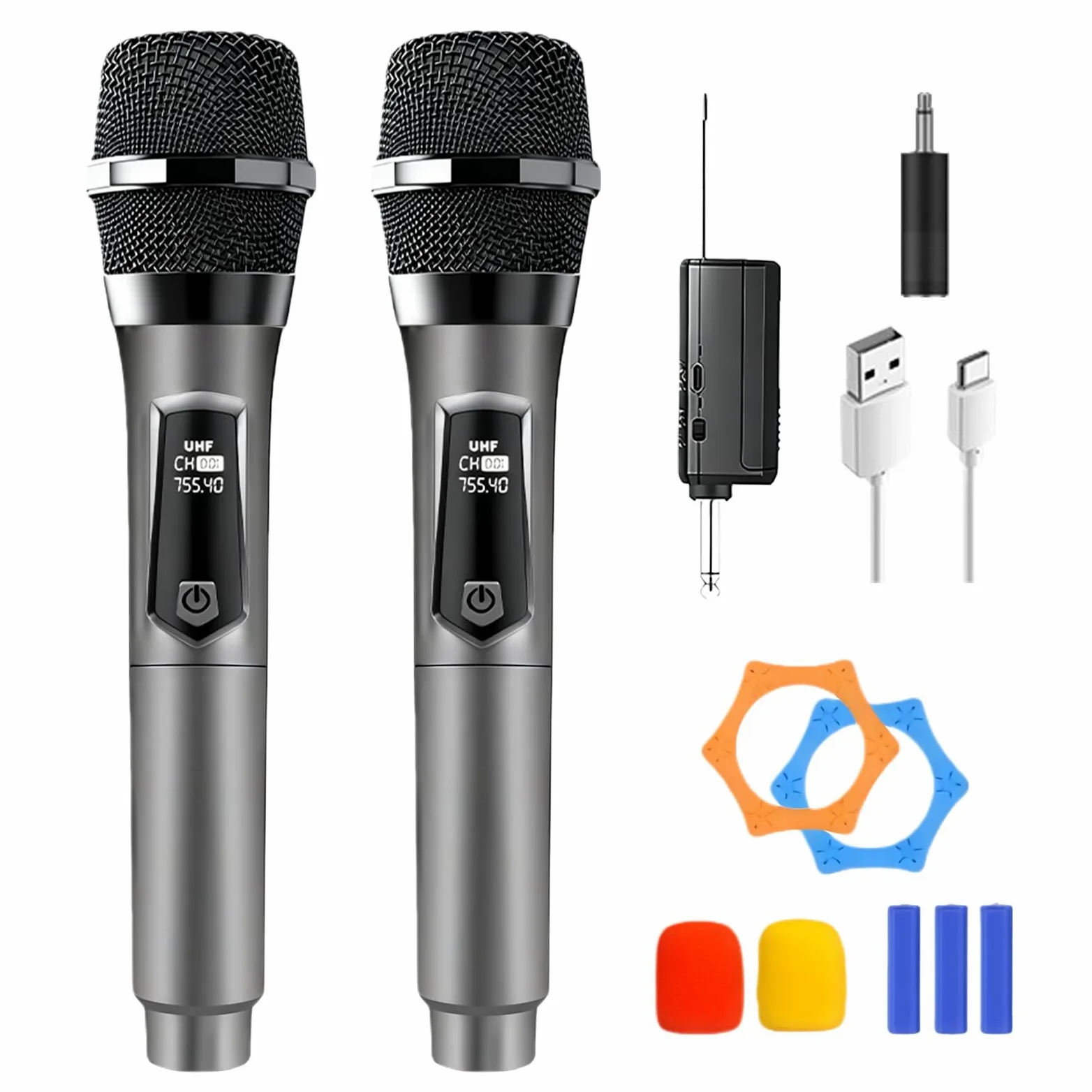 PORFOYO Microfono Senza Fili, Set da 2 Microfoni UHF, Set di Microfoni con Ricevitore Ricaricabile, Doppio Microfono a Mano, Portata 50m per Karaoke, Canto, Festa, Palcoscenico, Matrimonio, DJ