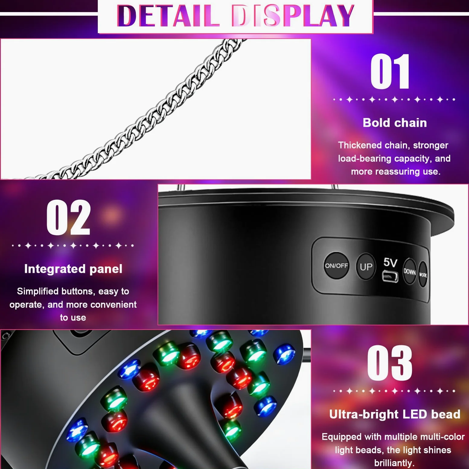 Sfera da discoteca motore con luce a LED, motore rotativo con telecomando, 30 perline LED, luce da discoteca, velocità di rotazione regolabile, azionamento silenzioso per sfera da discoteca, festa DJ
