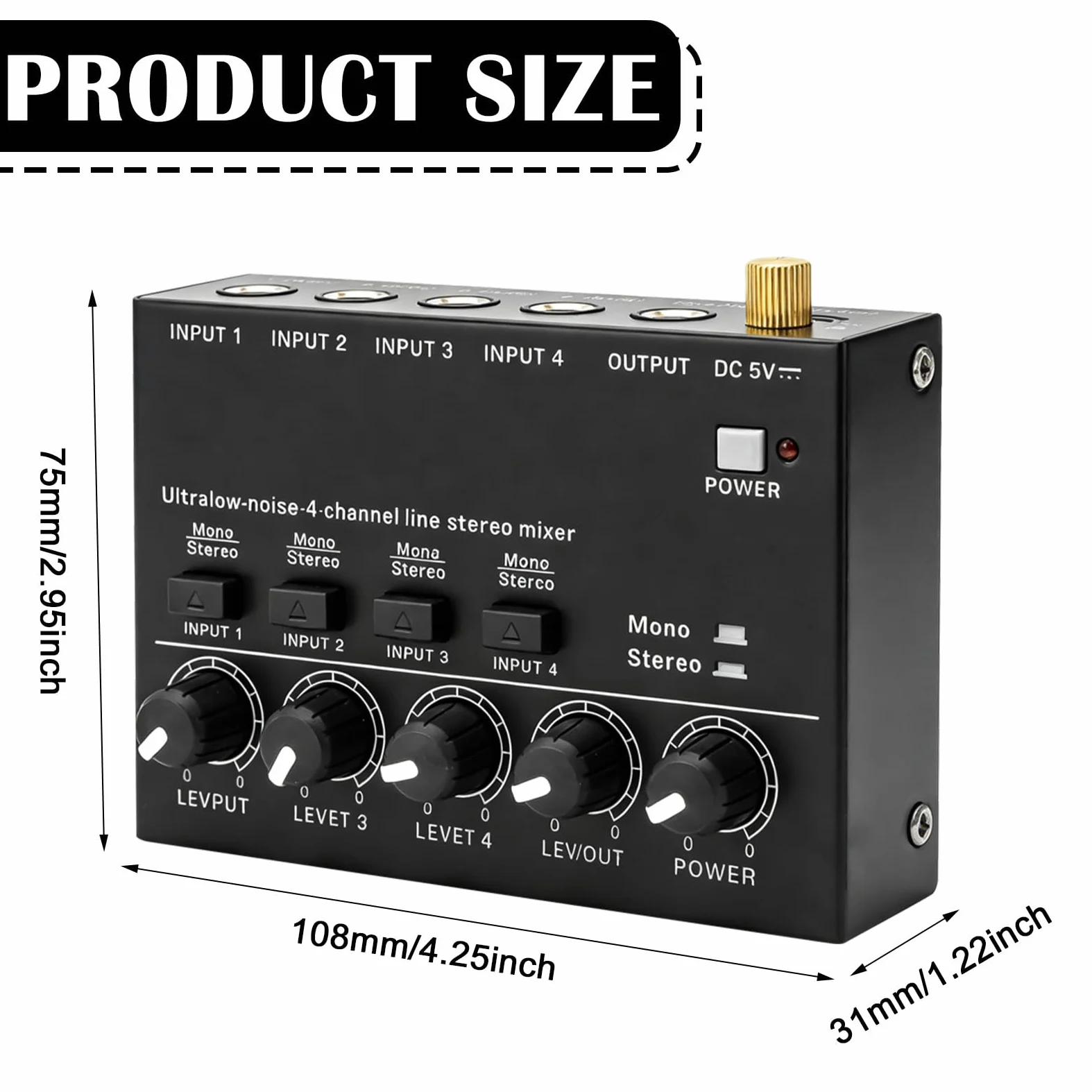 Mixer Audio a 4 Canali, Mini Mixer Stereo Attivo, Consolle di Mixaggio Audio con Basso Rumore, Regolazione del Volume Indipendente, Consolle di Mixaggio Compatta per Microfoni, Chitarre, Bassi