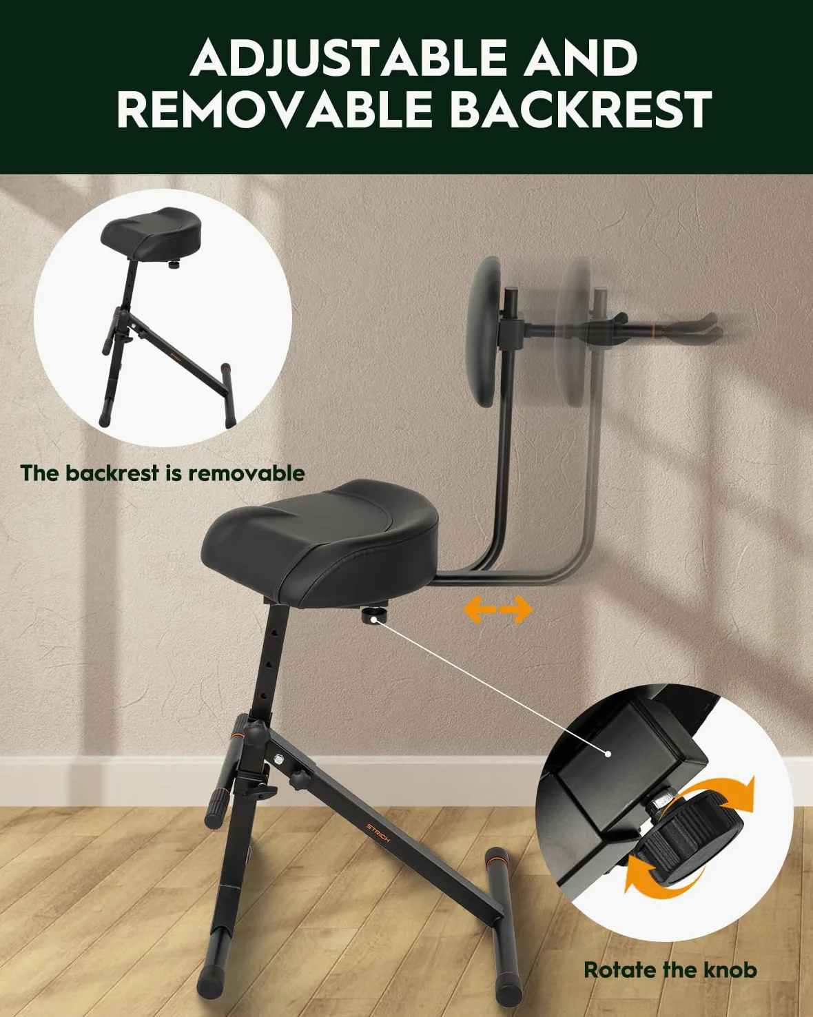 STRICH Sgabello per chitarra con schienale, sgabello regolabile, seduta regolabile in altezza con gancio per bassi acustici, sgabello per tamburo per adulti, batteristi e chitarristi SGT-40
