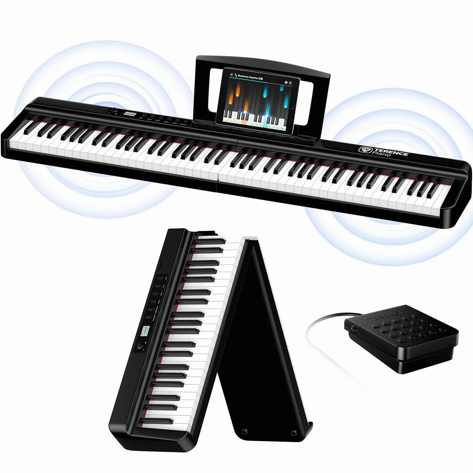TERENCE pianoforte digitale 88 tasti pesati pieghevole con batteria da 2000 mAh supporto audio Bluetooth MIDI USB con altoparlante da 2 x 25W supporto per leggio
