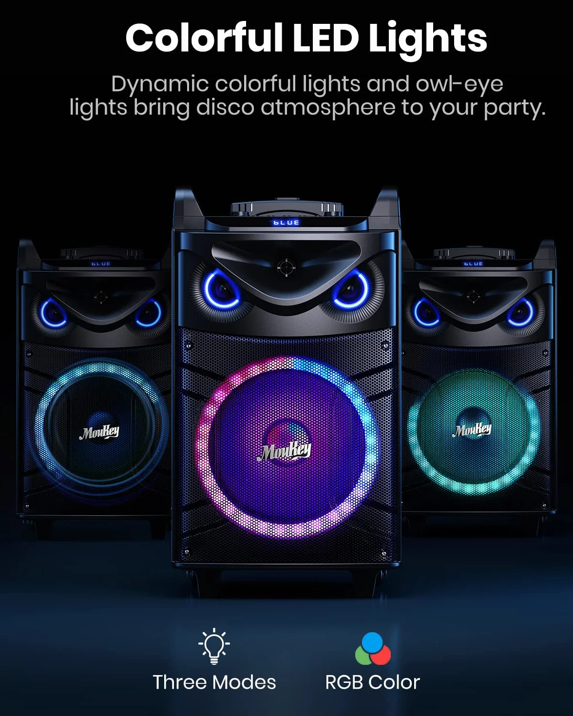 Moukey Casse Karaoke con 2 Microfoni wireless, Altoparlante portatile Bluetooth con Luci per feste, Regolazione di eco/alti/bassi, Woofer da 12 pollici Sistema PA Supporto TWS/REC/AUX IN/MP3/USB/TF/FM