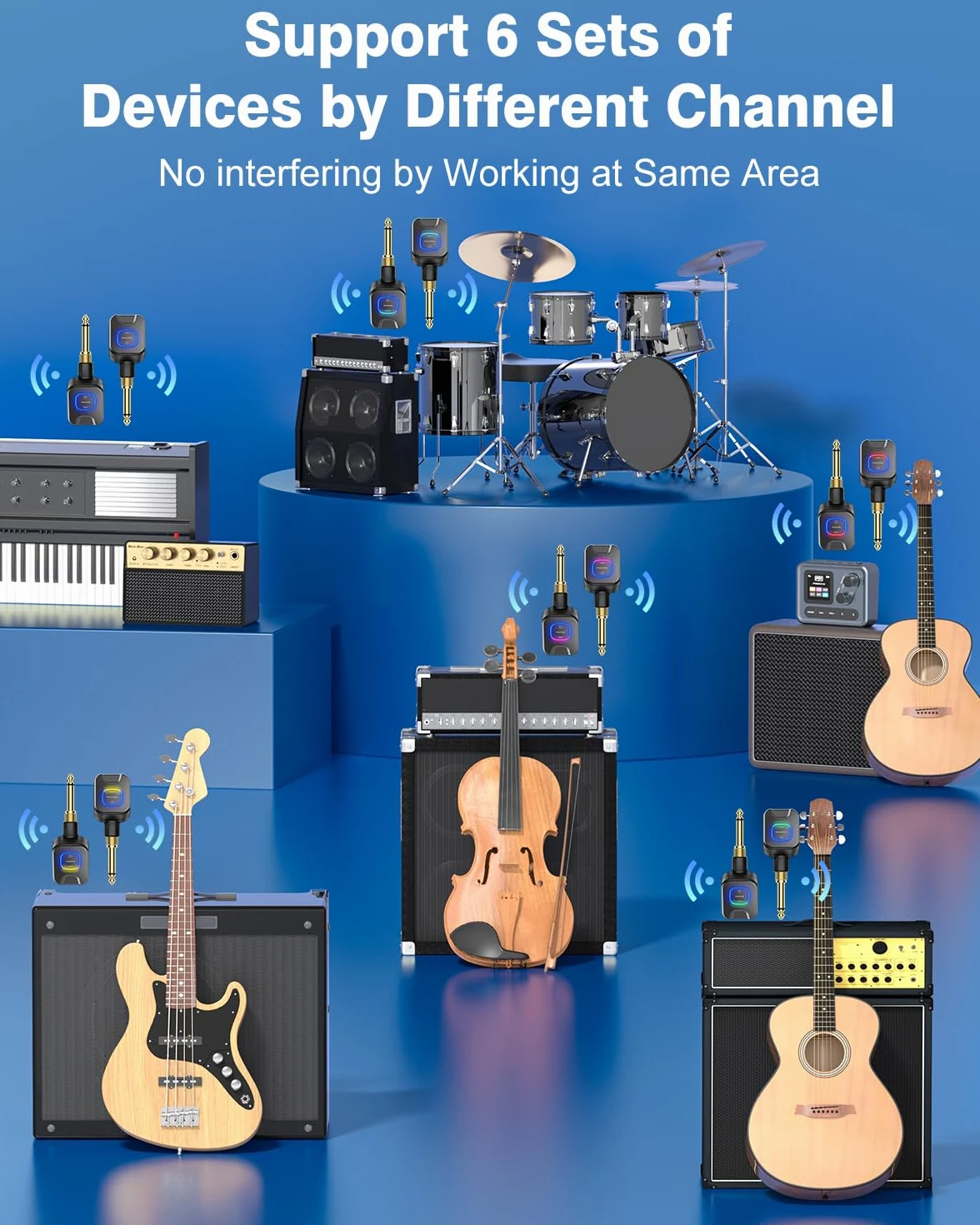 New Bee Sistema di chitarra wireless 5.8G con scatola di ricarica, suono ad alta fedeltà, ricevitore trasmettitore audio a 6 canali per chitarra elettrica, basso