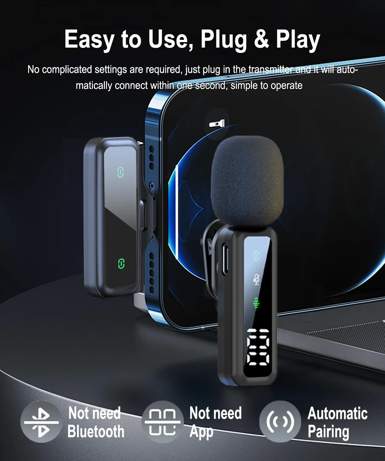Aiwgyibo Microfono Wireless - Microfono Bluetooth Compatibile con iPhone/Android/Computer, Microfono Lavalier con Funzione di Riduzione del Rumore, Supporta Trasmissione Live, Vlog e Interviste