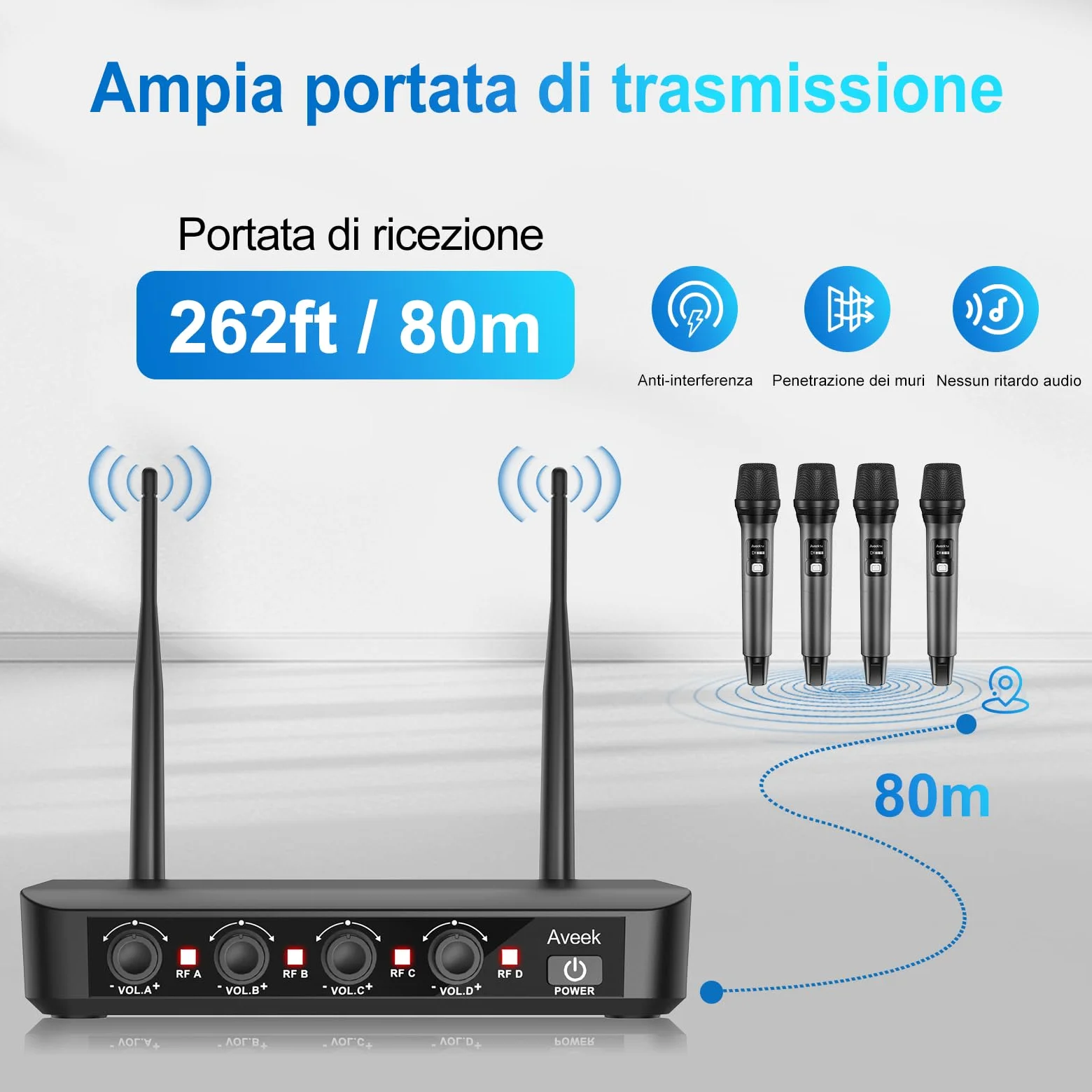 Sistema di microfoni wireless Aveek con 4 microfoni dinamici portatili, portata lunga di 80 m, batteria da 40 ore, suono da studio a bassa latenza per karaoke, canto, discorsi, chiesa, palcoscenico