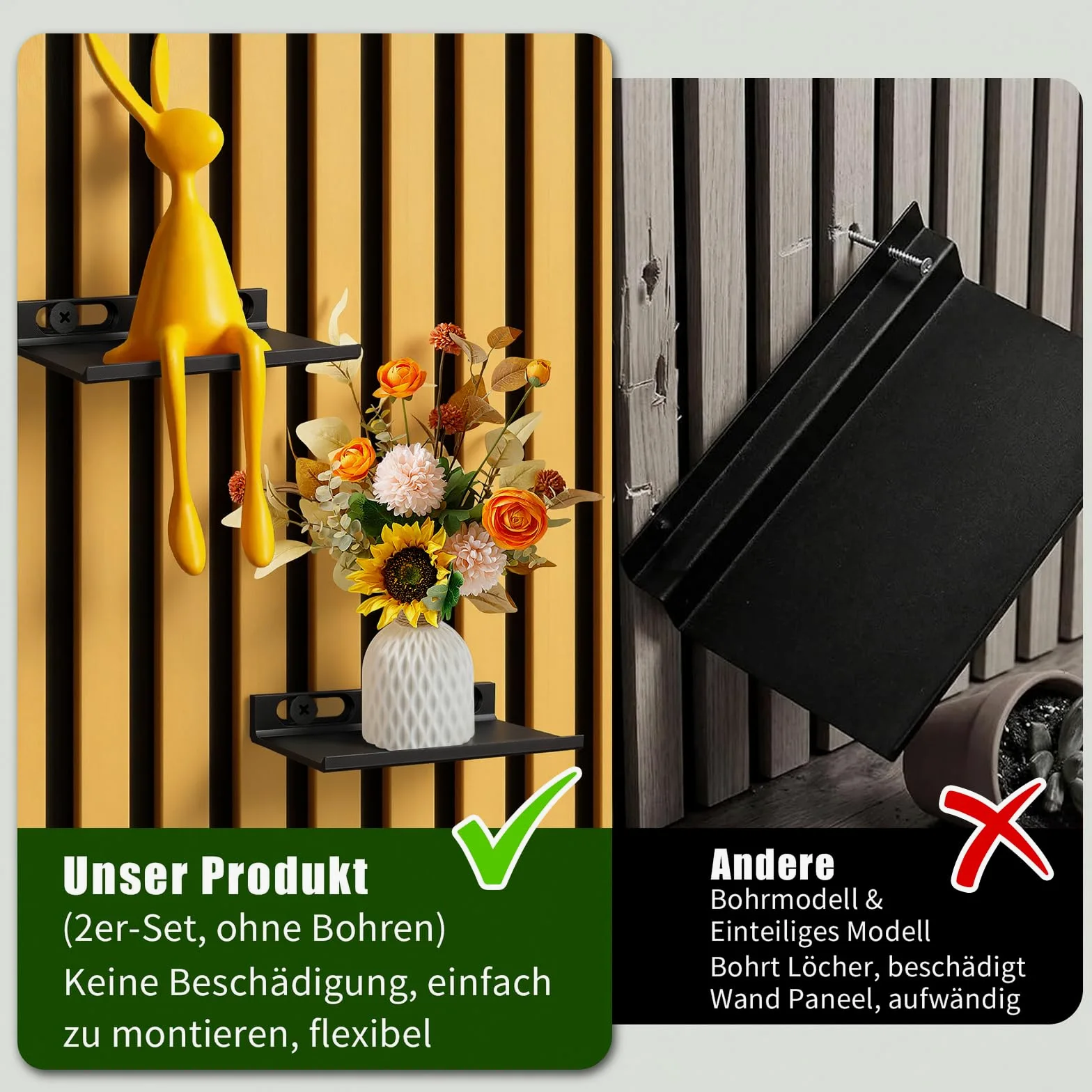 Meetory Scaffale per pannelli acustici - Set da 2 accessori per pannelli acustici senza foratura per pannelli verticali e orizzontali, organizer da parete, mensola da parete per soggiorno, camera da
