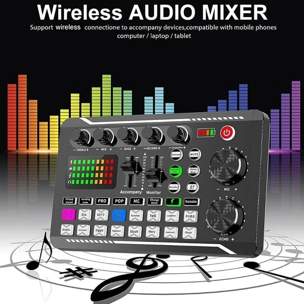 Scheda Audio Live con Effetti di Mixer e Cambiatore di Voce, F998 Mixer Audio, Scheda Audio Professionale con Luce LED, Molteplici Effetti Sonori e Cambiatore di Voce per Streaming,Black