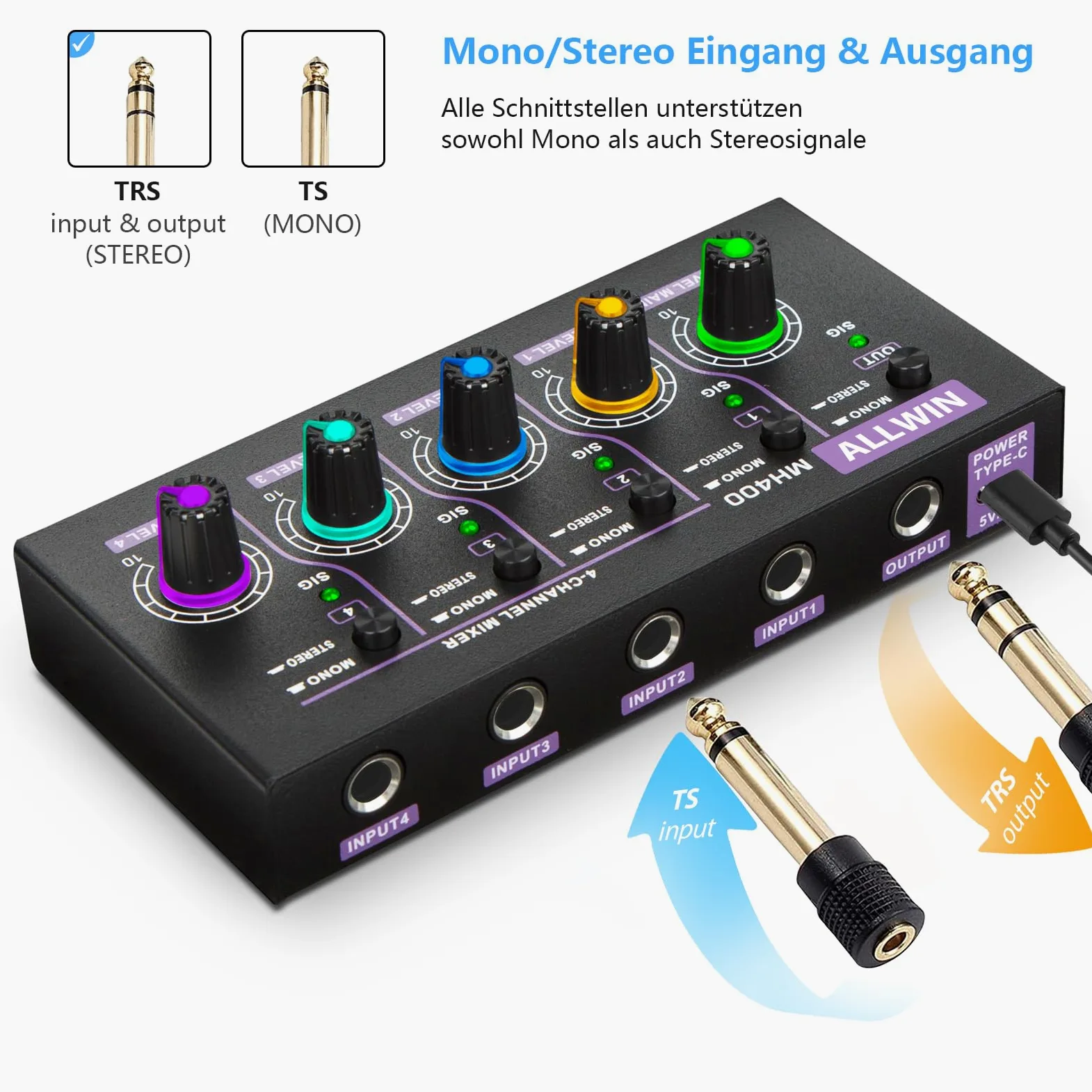 ALLWIN Mixer a 4 canali, mini mixer audio portatile 4in1out basso rumore DC5V supporto mono e stereo, per chitarre/bassi/tastiere/mixer/strumenti