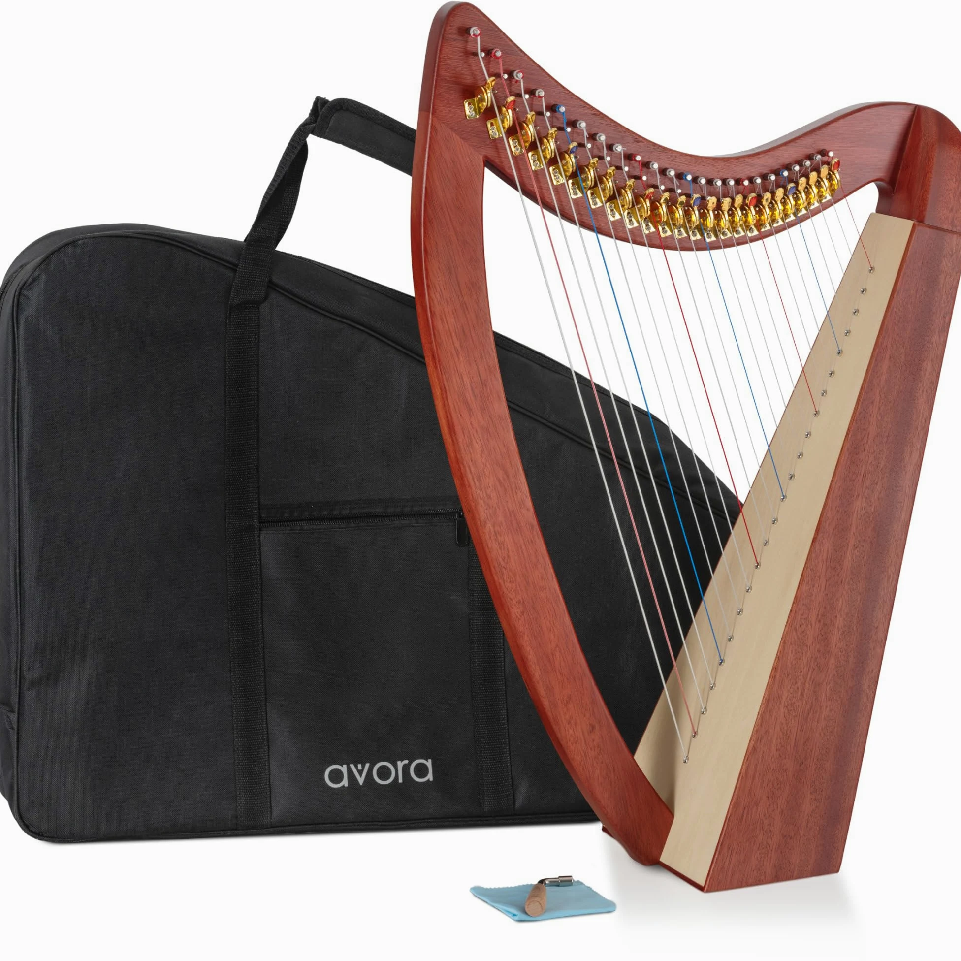 Avora Arpa Celtica 23 corde in mogano – artigianale con borsa, chiavi di accordatura, meccanismo a ganci – diatonica in Mi bemolle maggiore, leggera e compatta per uso flessibile.