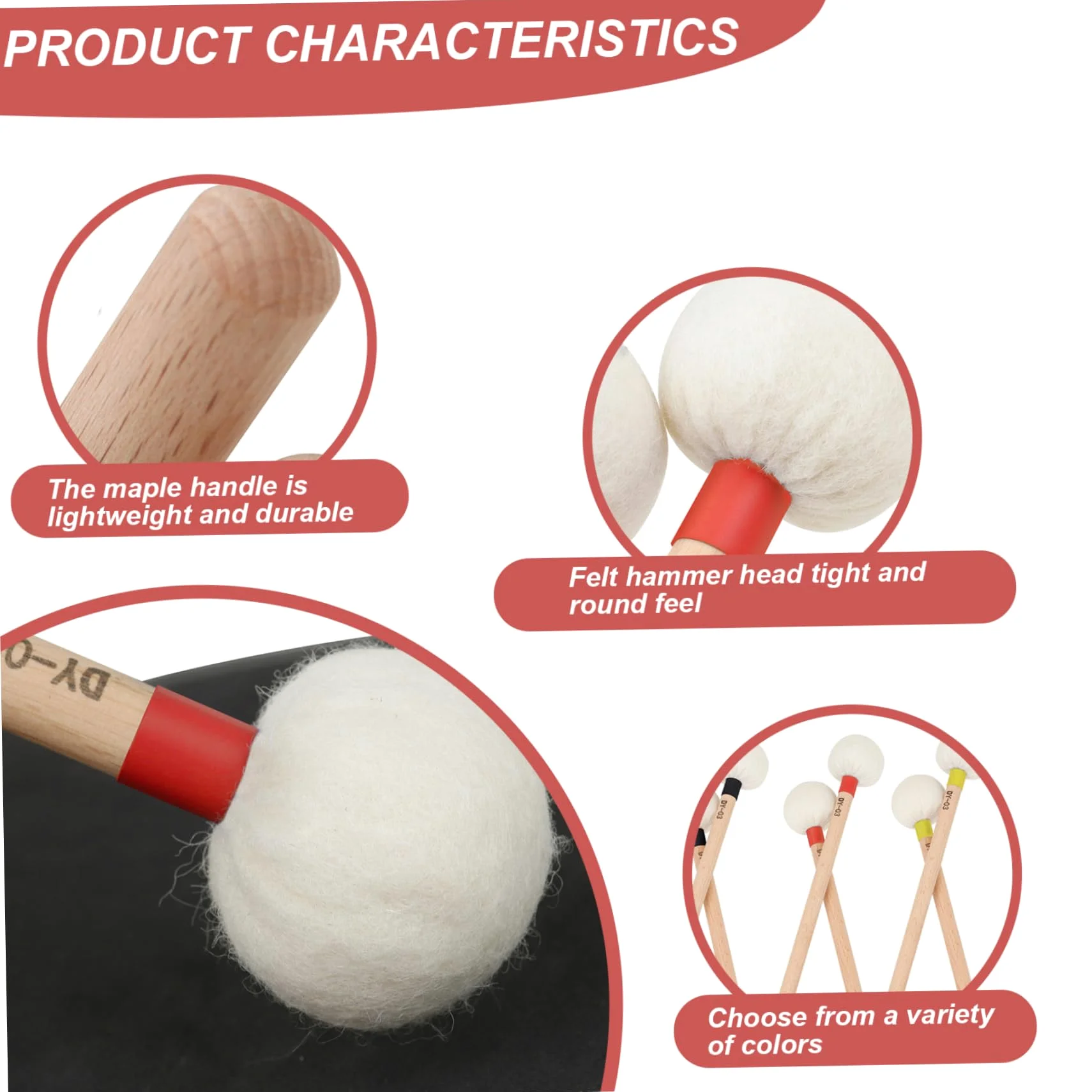 Mallet per Timpani, 2 Pezzi, Mallet per Batteria da 15 Pollici con Testa in Feltro e Manico Lungo, Strumento a percussione di Ricambio per Allenamento, per Performance, per percussi