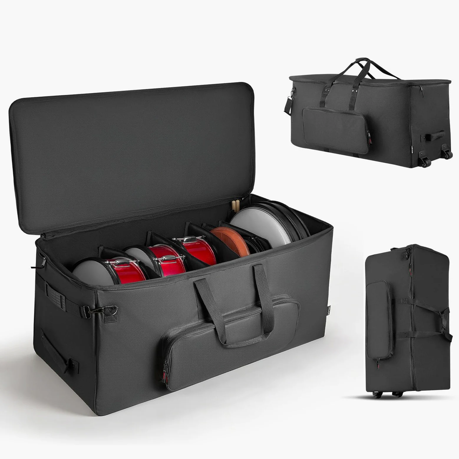 VEVOR Borsa per Batteria Elettronica in 600D, Borsa Imbottita con Ruote, Grande 91,4 x 42,1 x 41,9 cm di Interno, Custodia da Viaggio Leggera con Divisori Rimovibili, Tasche Multiple, Nero