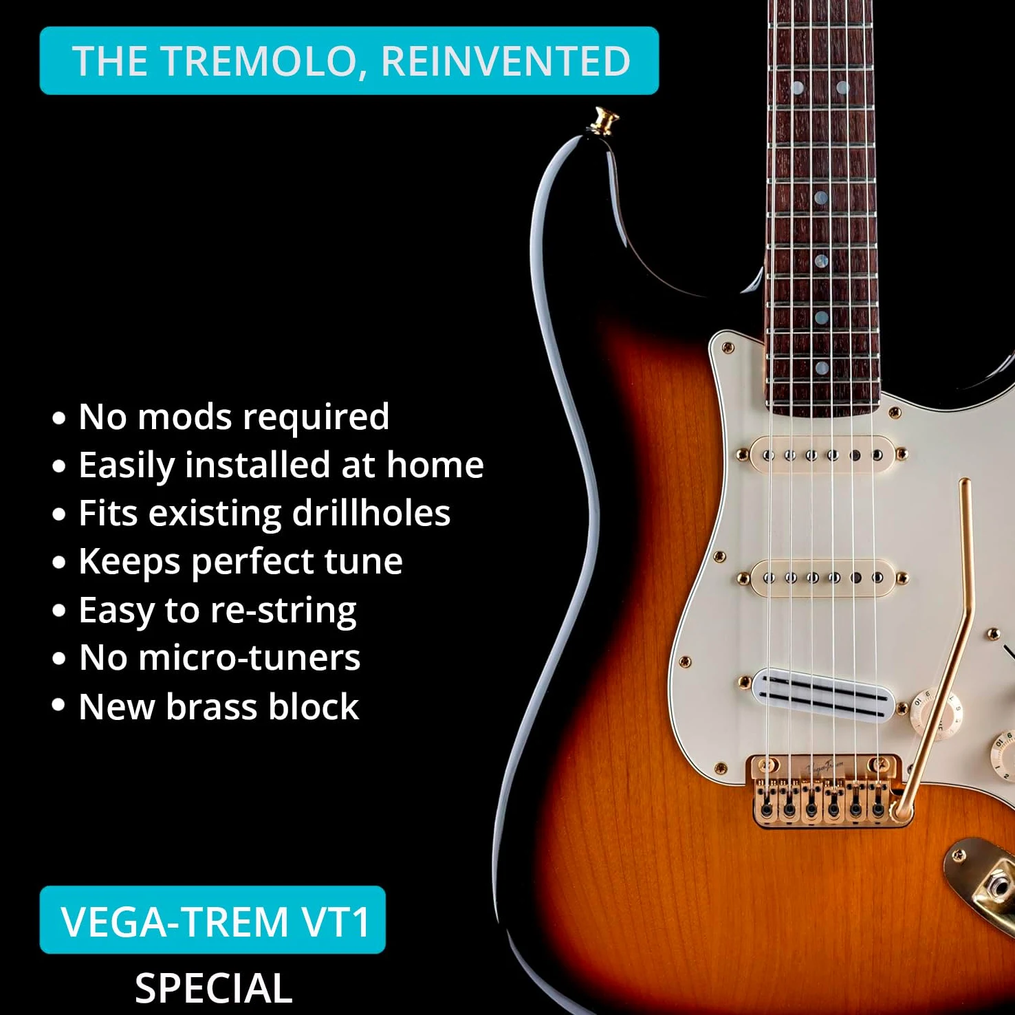Vega-Trem VT1 - Ponte tremolo speciale per chitarra Stratocaster a 2 punti, per Stratocaster, senza mod, facile installazione (oro, destra)