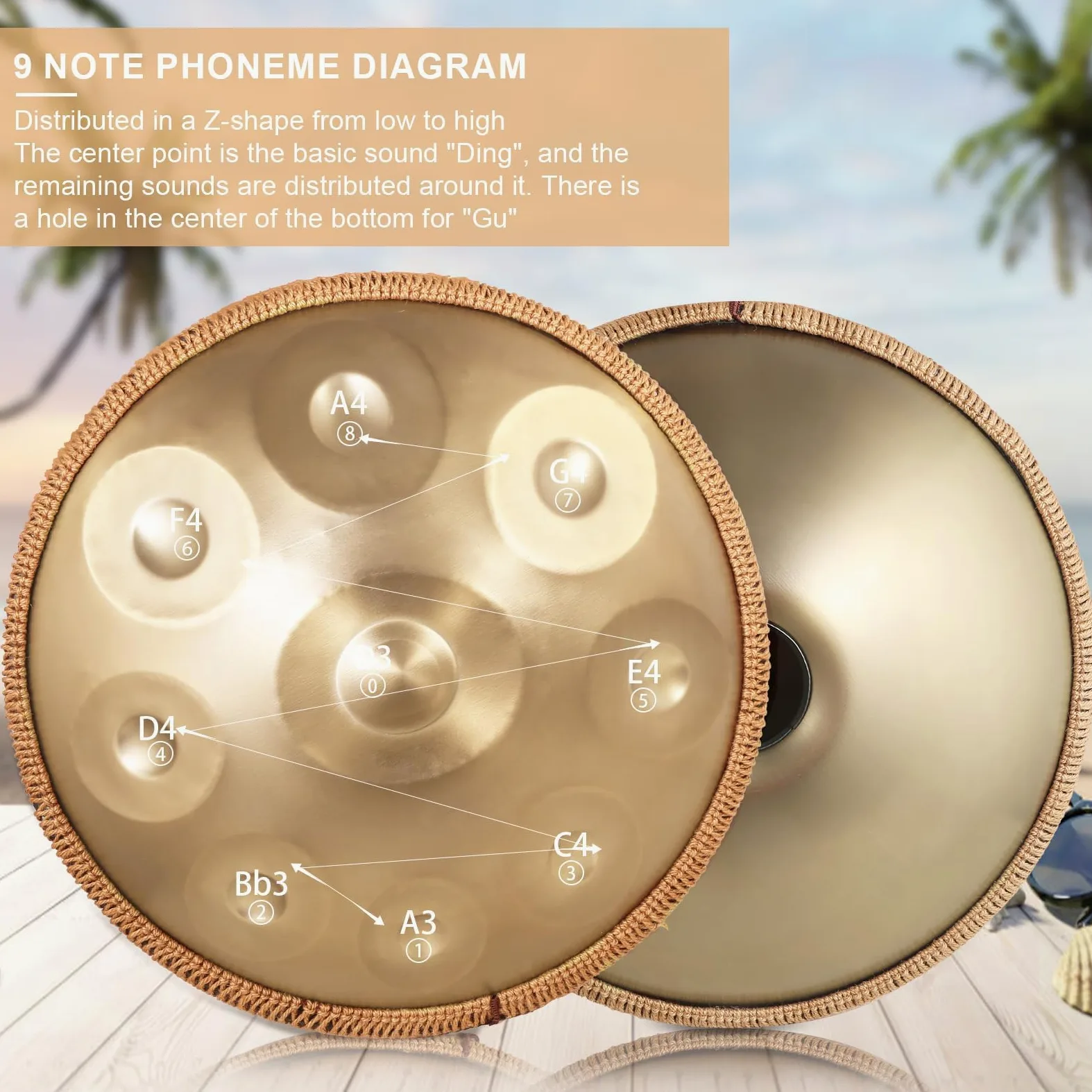 Handpan 22 Pollici (56cm) - 9 Note Re Minore (D-Minor) 432Hz | Acciaio Nitruro Professionale | Tamburo a Mano con Borsa per Yoga, Meditazione e Guarigione Sonora (Oro)