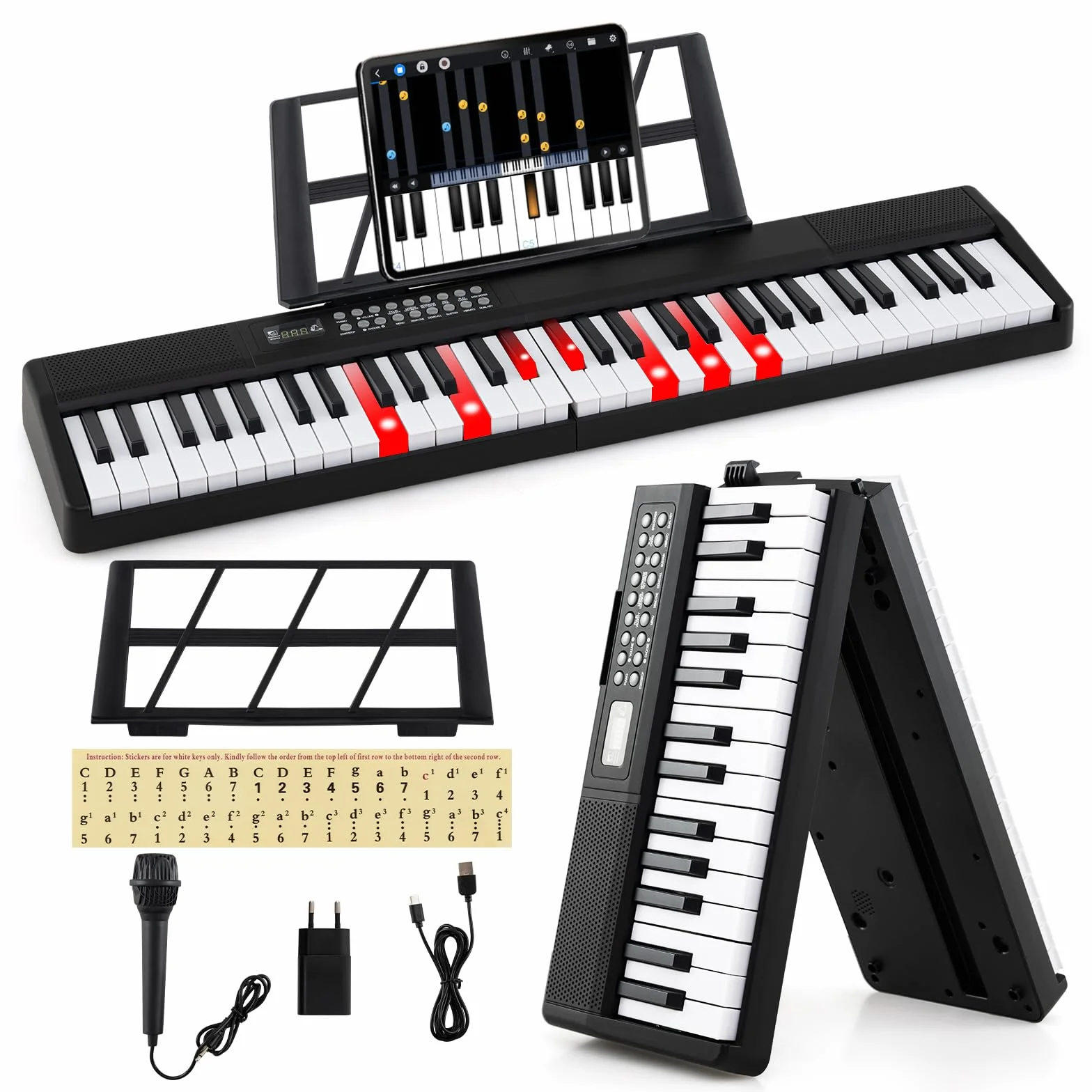COSTWAY Tastiera Pianoforte a 61 Tasti, Pianoforte Elettronica Pieghevole, con Funzione Split, 3 Modalità di Insegnamento, Pianoforte Digitale Portatile con Doppi Altoparlanti, MP3/USB/MIDI, Nero
