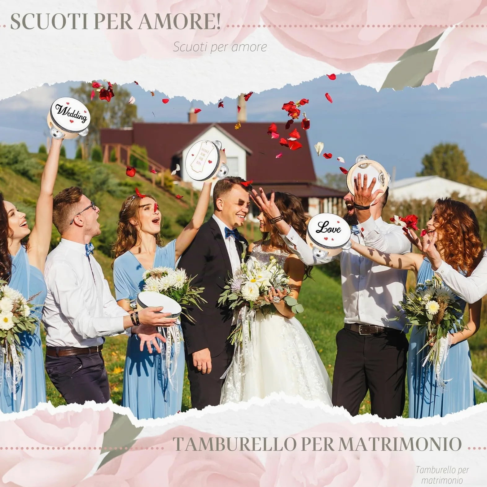 Set di 36 tamburelli da matrimonio da 10,2 cm, per adulti, in legno, con sonagli in metallo, etichette regalo, strumento musicale per chiesa, matrimoni, bomboniere