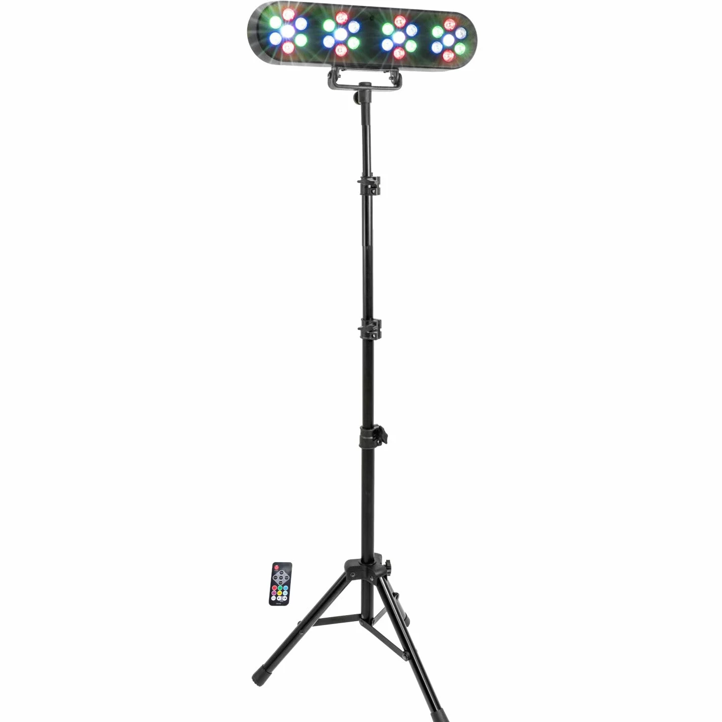 Party Light & Sound - FUNLED - Spettacolo di luci con 4 effetti su stativo telescopico - 4 PAR di 7 LED da 1 W ciascuno - Telecomando - Effetto strobo - Stativo incluso con altezza regolabile