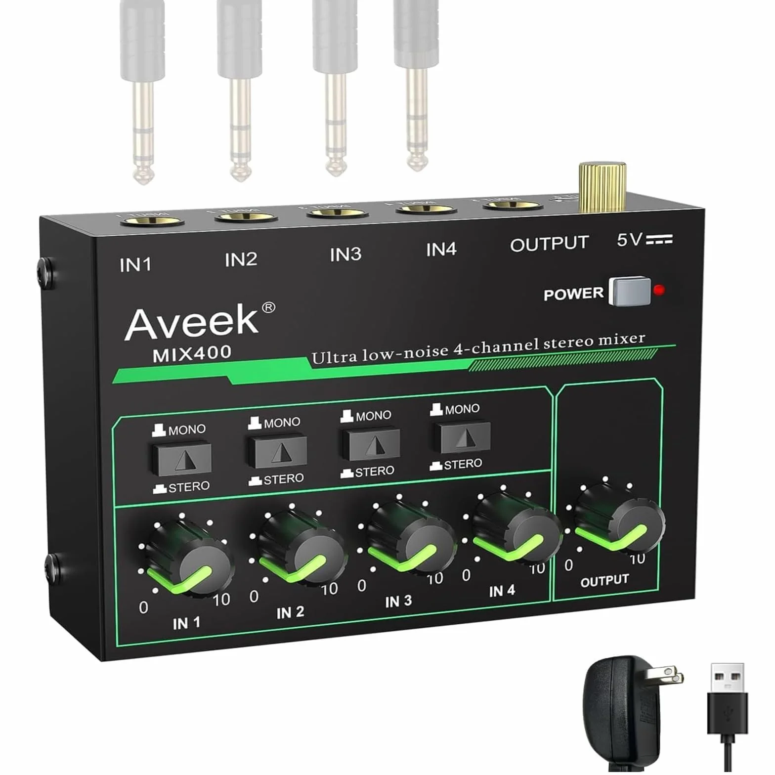 Aveek Mini Line Audio Mixer - Mixer audio piccolo a 4 canali con commutazione stereo/mono e funzionamento a basso rumore per sub-missaggio di precisione, ingresso/uscita TRS da 1/4", ideale per