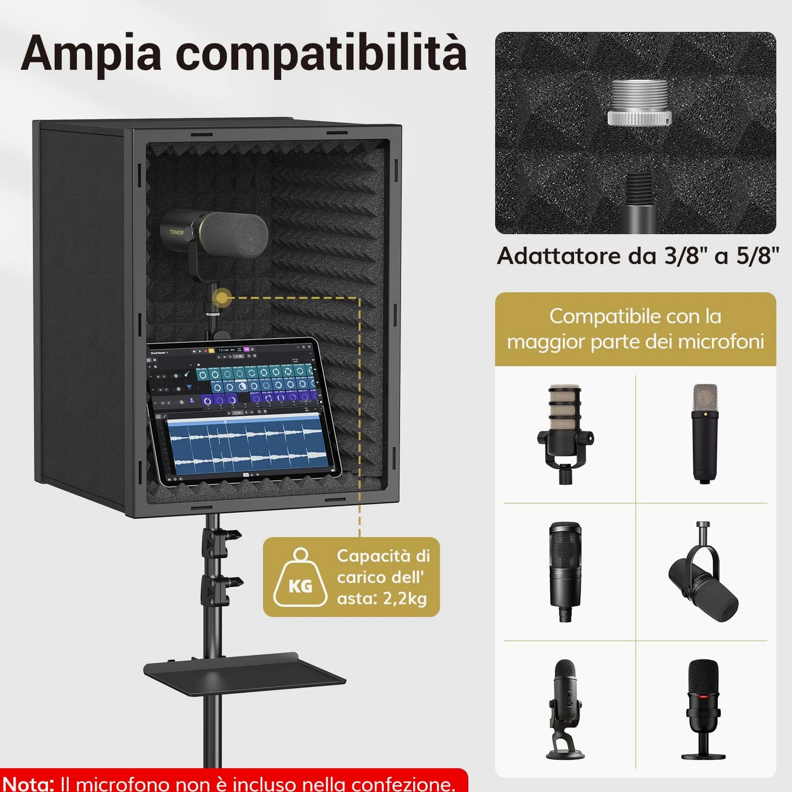 TONOR Targhetta Isolante Microfono per Studio, Scatola in Schiuma Acustica Incorniciata per Registrazioni Professionali, Filtro Microfono per Assorbimento Acustico, Cabina di Canto, Podcast, 190 cm
