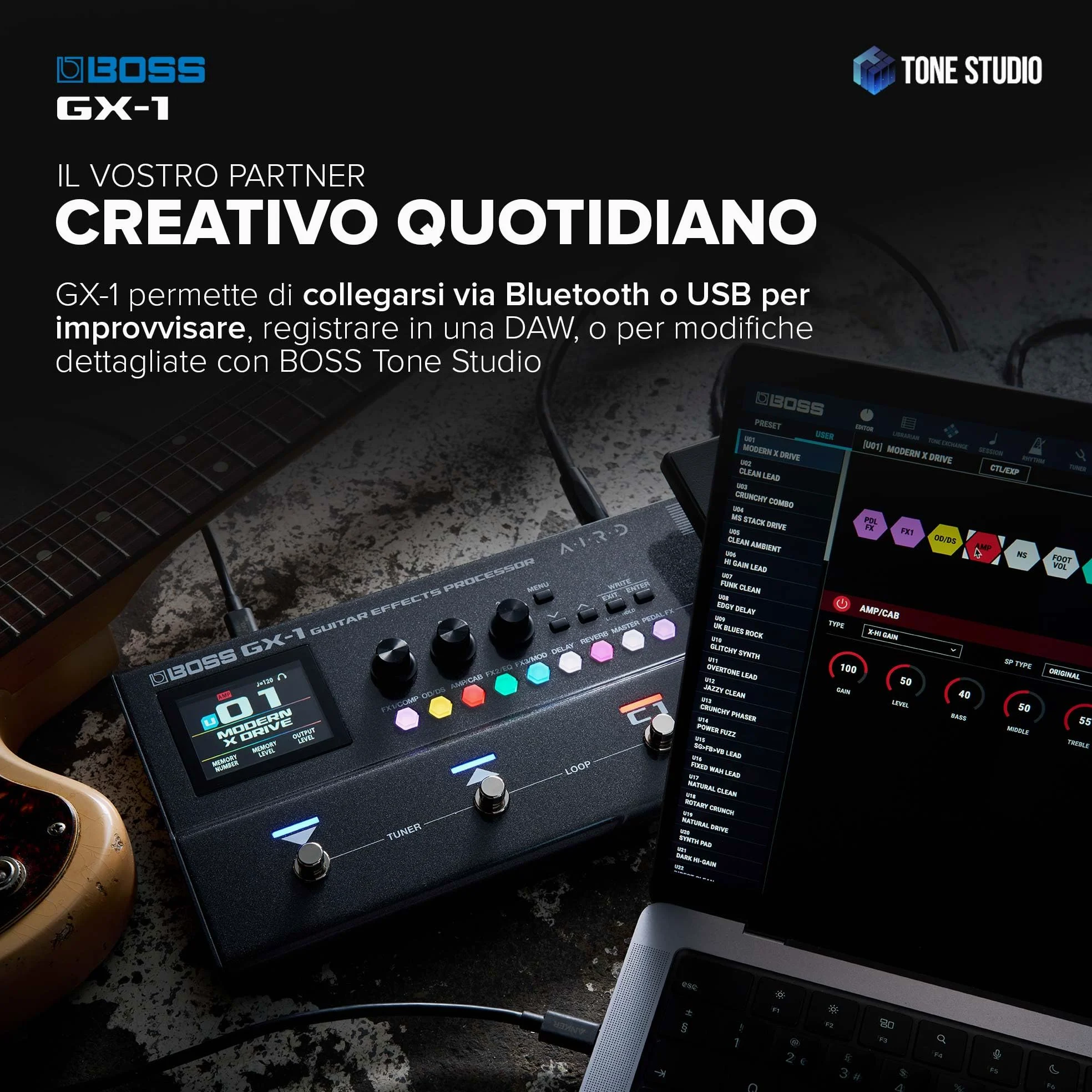 BOSS GX-1 | Processore di effetti per chitarra ultra-portatile | Ricco di ampli ed effetti iconici | Generatore sonoro AIRD di alta qualità | Ideale per i chitarristi principianti