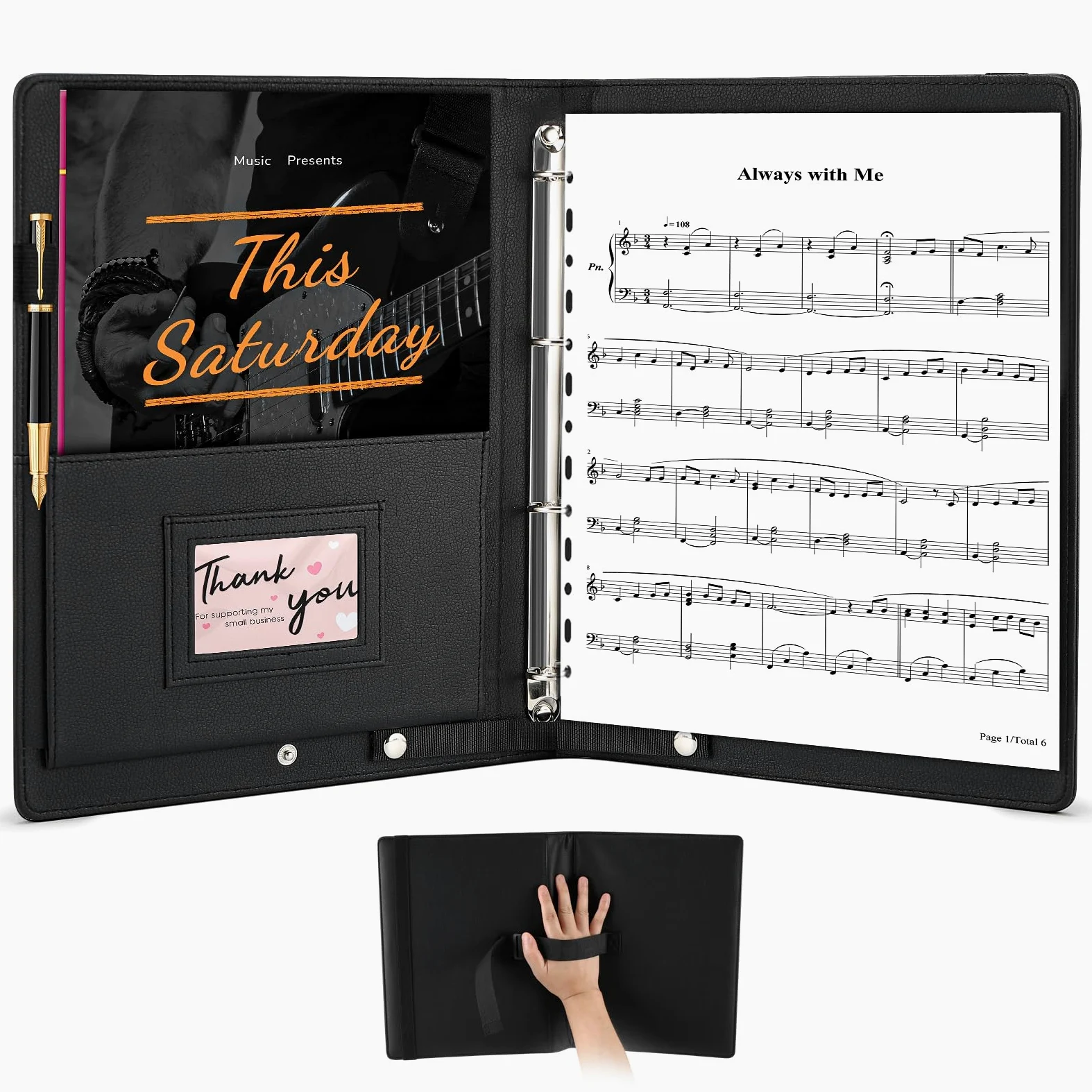 Cartella musicale, cartella per spartiti A4 con cinturino da polso e 30 tasche per coro, recital di pianoforte, in similpelle nera