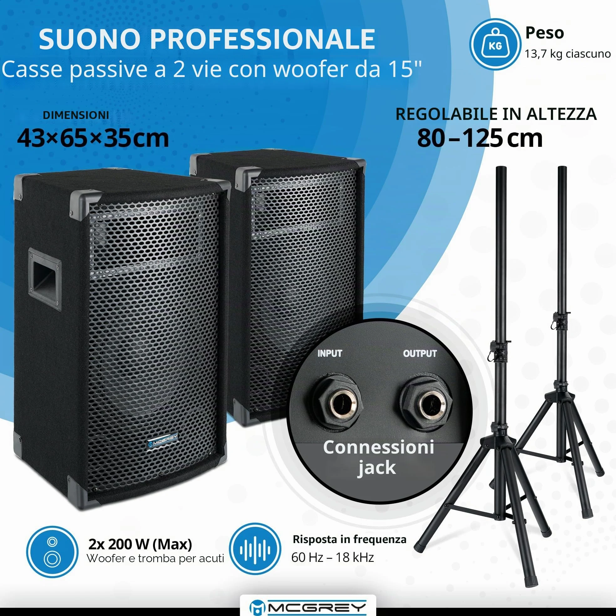 McGrey BP-215 Bandpack PA-System: mixer amplificatore 8 canali, riverbero digitale, Bluetooth, slot USB/SD, casse 2 vie 15" woofer, microfono, supporti, cavi, 150 Watt.
