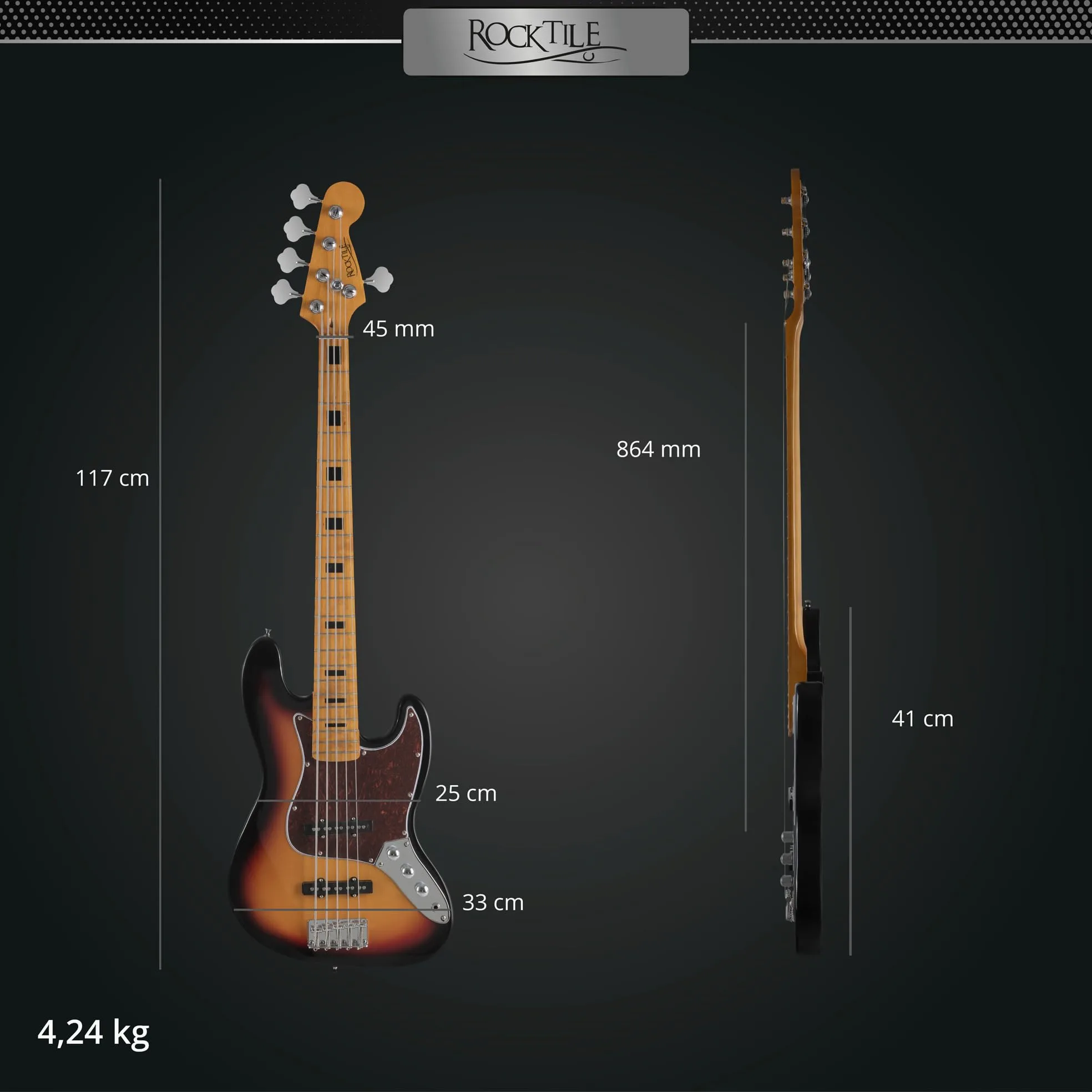 Rocktile Pro JBS50-SB Basso Elettrico - Basso 5 corde stile JB con corpo in tiglio - manico in acero e tastiera in acero - 2x Single Coil pickup - 2x Volume, 1x Tone - Mensura 34" - Sunburst