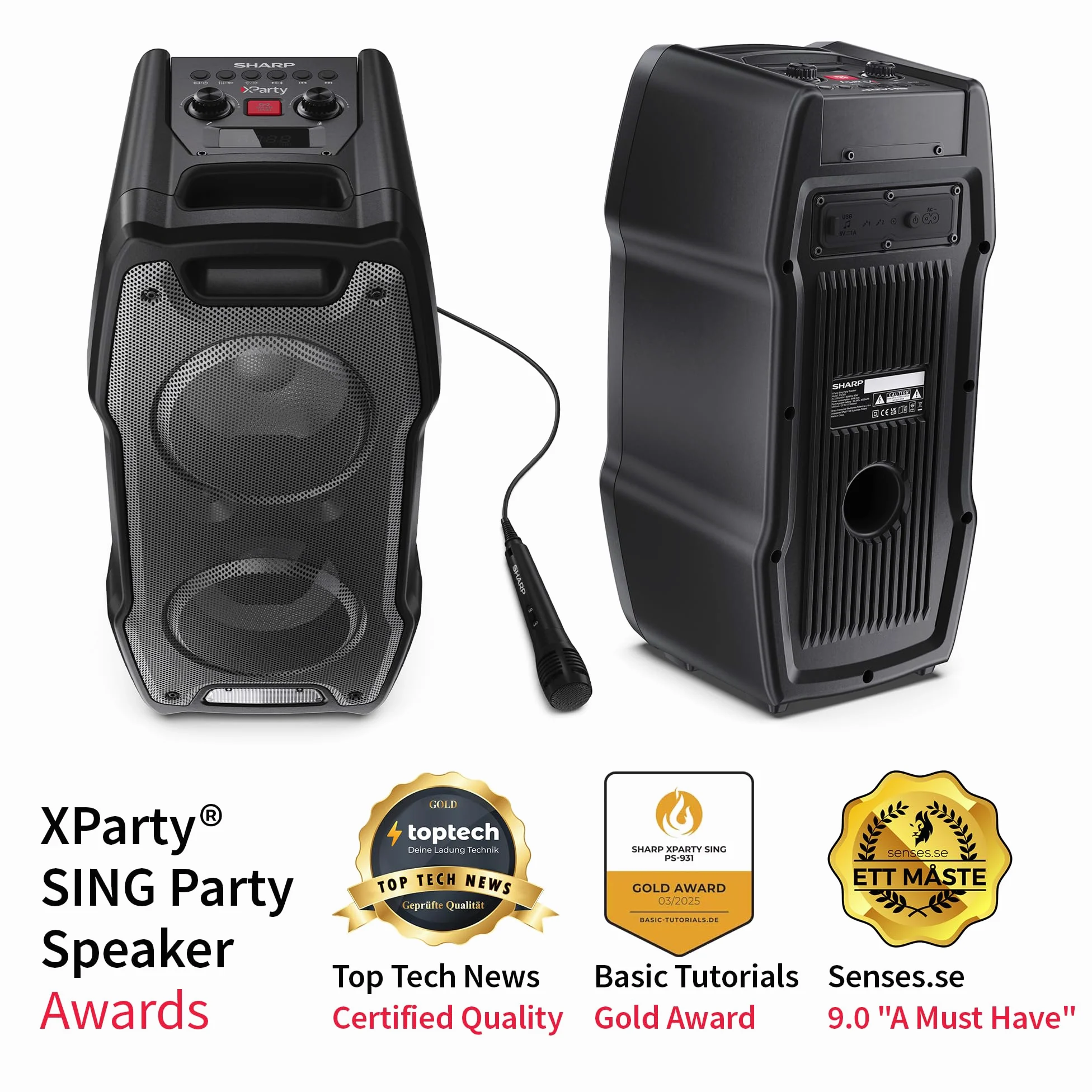 Sharp PS-931 Party Speaker, microfono, TWS, Bluetooth, 2xUSB, 2 porte da 6,3 mm per microfono e chitarra, luci multicolori, 180W P.maxima, batteria litio integrata con fino a 13 ore di riproduzione