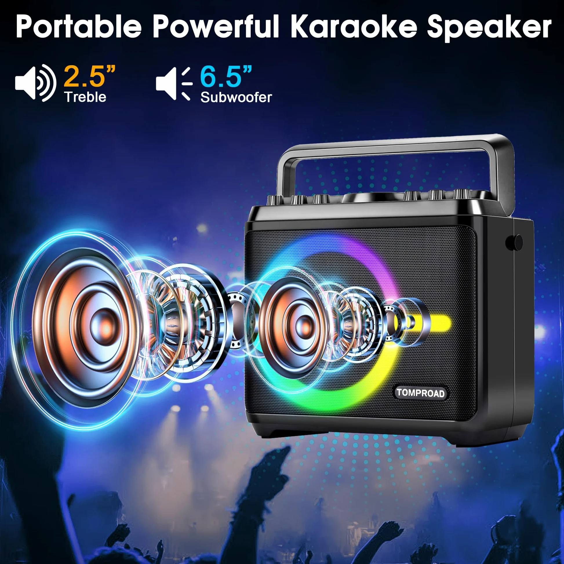 Macchina per karaoke, altoparlante Bluetooth con 2 microfoni wireless, sistema PA portatile per adulti e bambini con luci LED, regolazione dei bassi/acuti, scheda TF/USB, REC per feste a casa(nero)