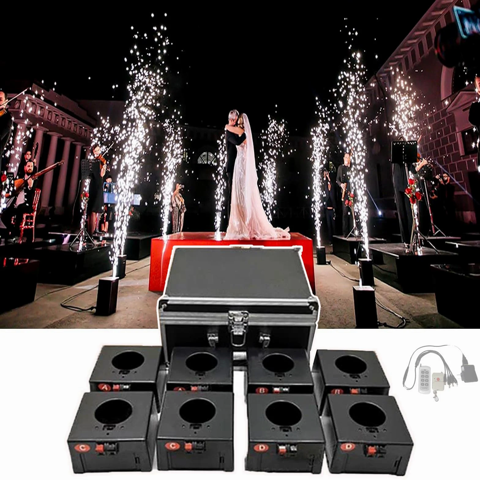 Macchina per Fontana A Scintilla Fredda, Meccanismo di Sparo per Fuochi D'artificio, 1 Controllo, 8 Basi, 30-50M, con Scatola di Protezione, Telecomando, 8 Pezzi, per Matrimoni, Palcoscenici
