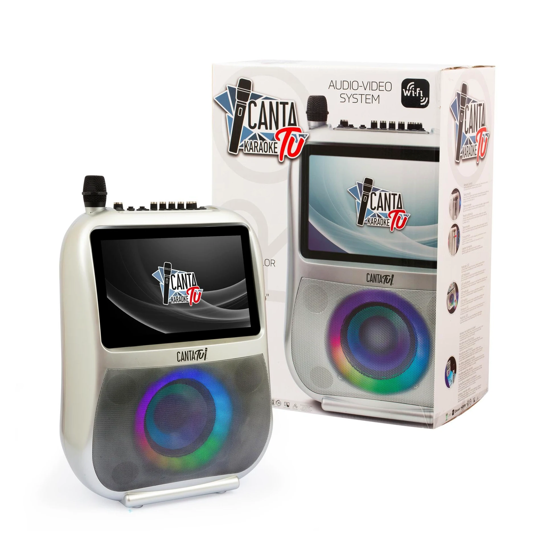 CANTA TU KARAOKE - PRO 2023 Professionale Completo con Microfono Wireless, Display Touch, Connessione Wi-Fi, Effetti Vocali, Luci LED, Batteria Ricaricabile, Voice Changer, Argento