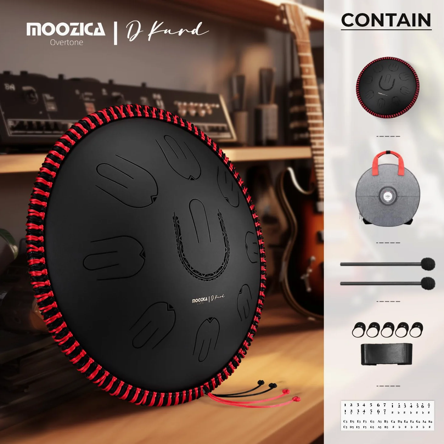 MOOZICA Steel Handpan Tongue Drum, Tamburo Tongue Portatile da 14" in Scala D-Kurd con Design Ottava Overtone, Tamburo Handpan per Principianti e Professionisti (D-Kurd, Nero)