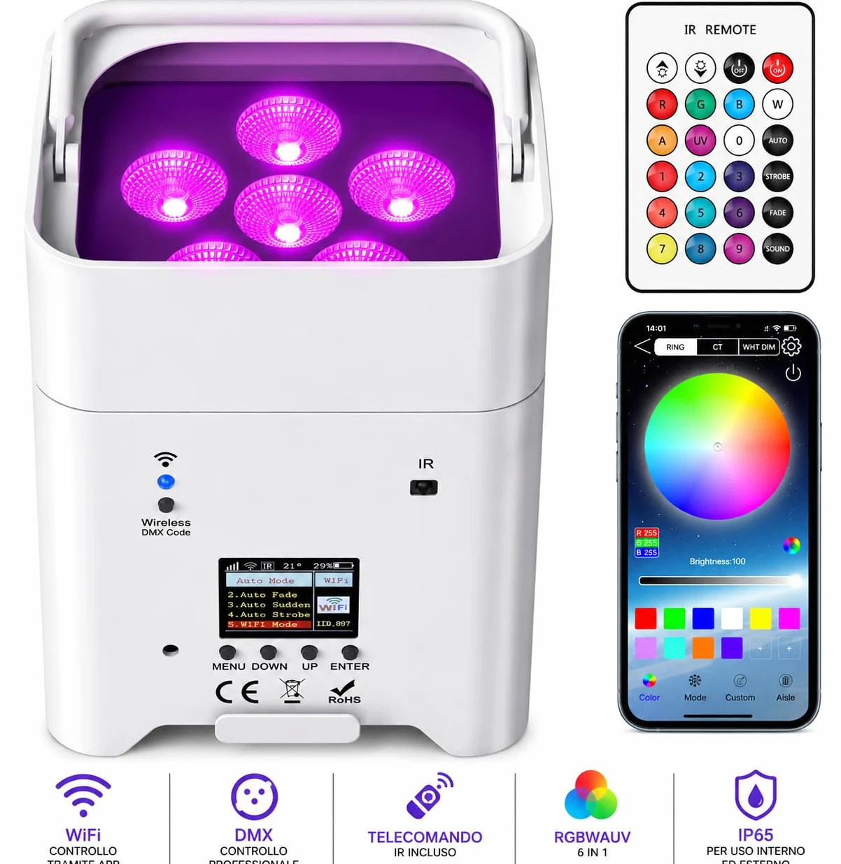 NLIGHTING Faretto PAR LED Wireless 9600mAh RGBWAUV 6in1 WiFi, DMX e Telecomando, IP65 Ricaricabili per Eventi, Matrimoni, Palchi e Illuminazione Architetturale, Eventi Uplight Professionale
