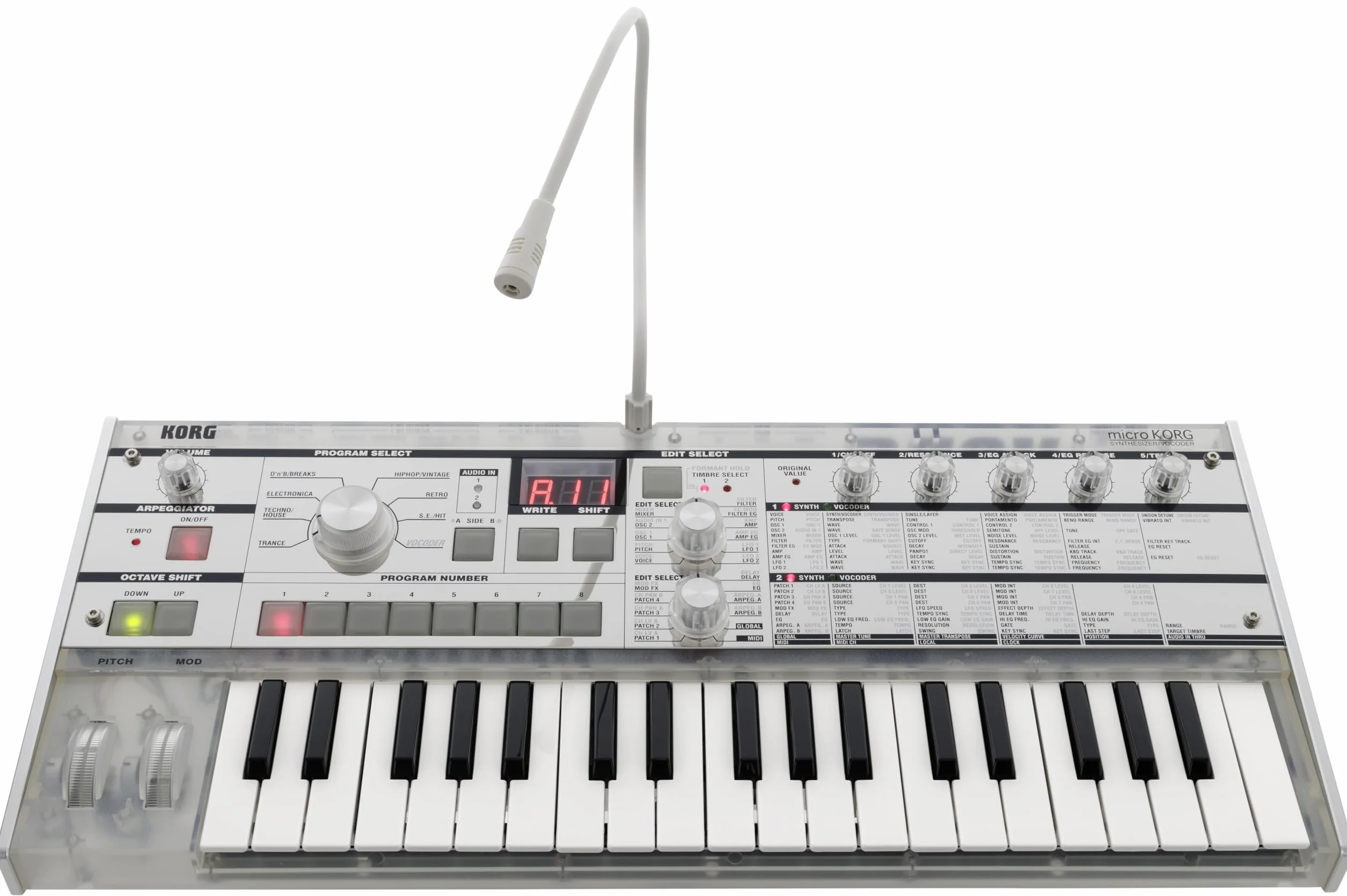 KORG - MICROKORG-CR,Tastiera 37 Tasti mini con velocity, polifonia 4 voci, 128 Program, Effetti, Colore Cristallo