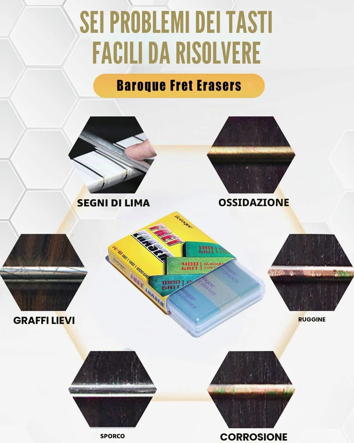 Set di 3 gomme barocche per chitarra, pulizia per la lucidatura dei tasti | kit di strumenti per la pulizia dei tasti, filo per tasti/corda/metallo, set di 3 (grana 180 e 400 e 1000)