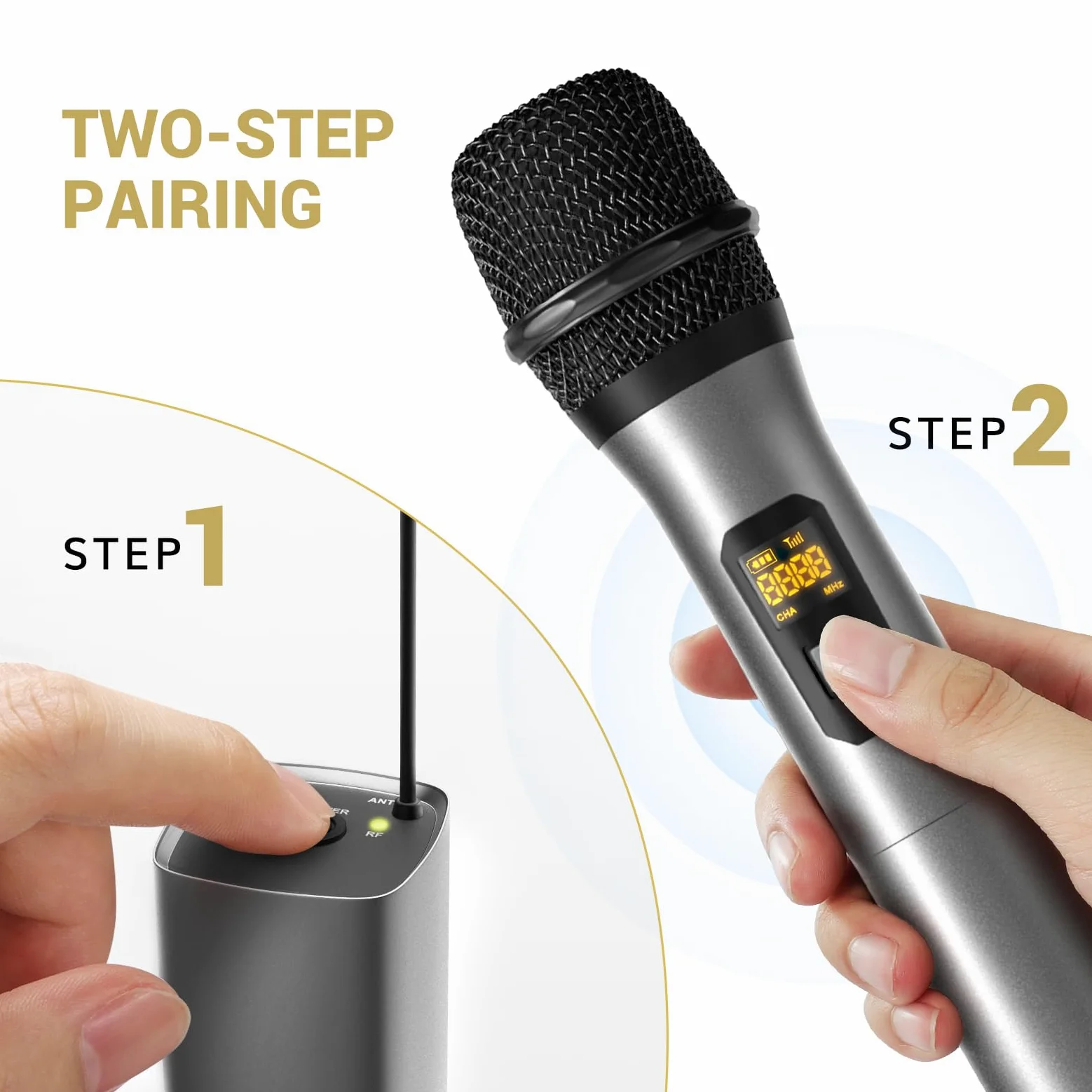 TONOR Microfono Senza Fili, UHF Sistema Wireless Microfonico Portatile in Metallo Cordless con Ricevitore Ricaricabile, Uscita 1/4" per Amplificatore, Macchina da Karaoke, 60m, Argento, TW620