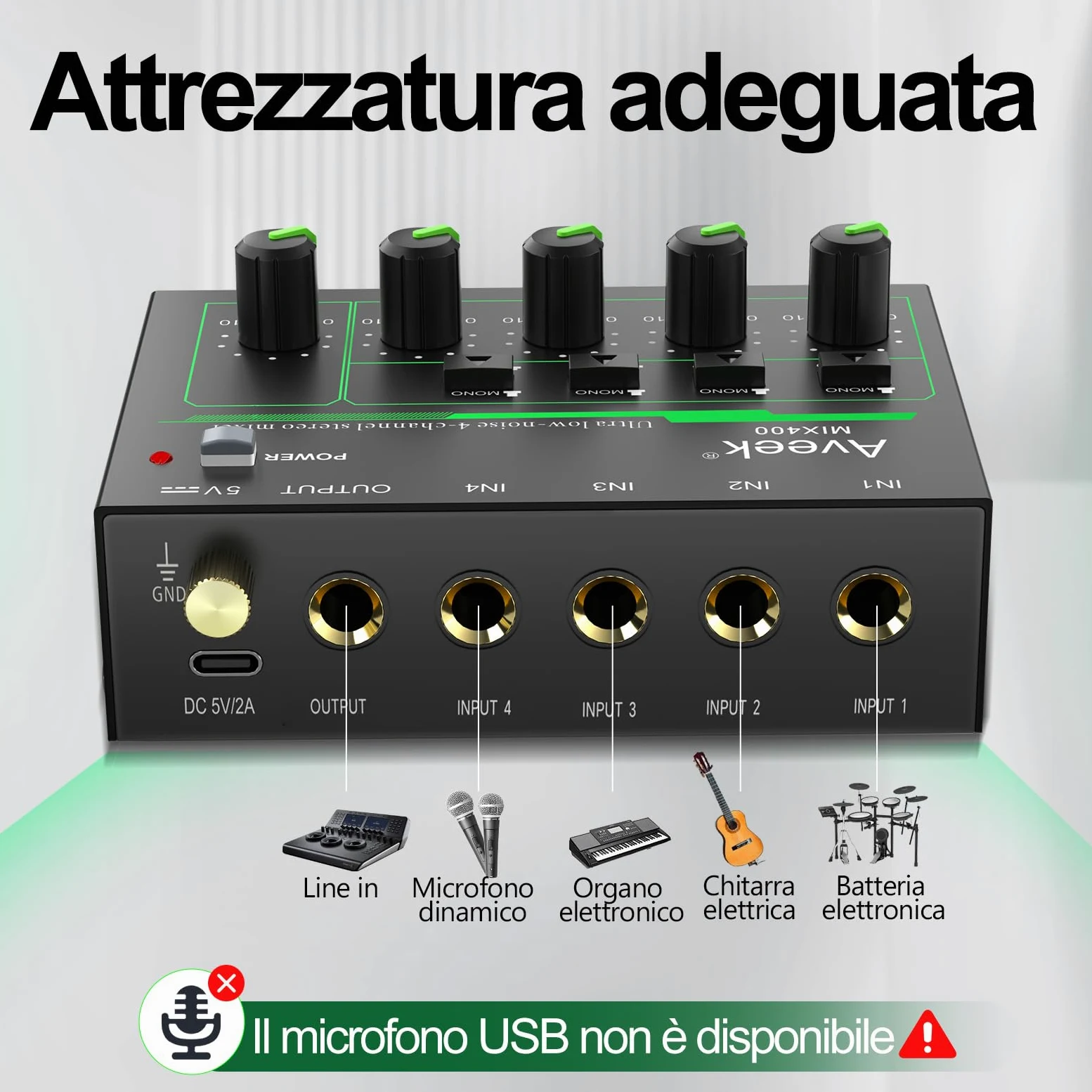 Aveek Mini Line Audio Mixer - Mixer audio piccolo a 4 canali con commutazione stereo/mono e funzionamento a basso rumore per sub-missaggio di precisione, ingresso/uscita TRS da 1/4", ideale per