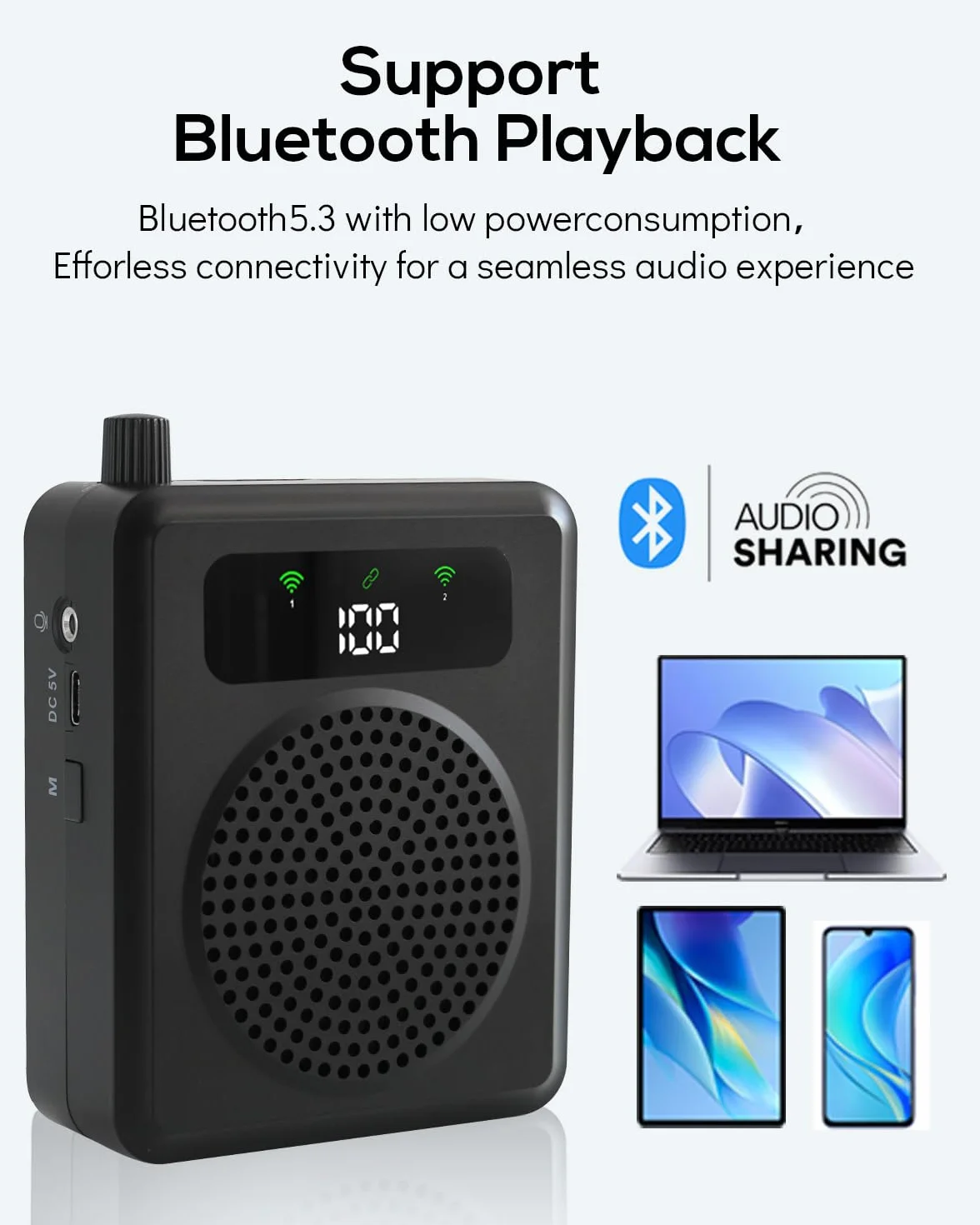 Amplificatore vocale portatile con microfono lavalier, clip on microfono con altoparlante, amplificatore vocale wireless con microfonos per insegnanti in classe, riunioni e all'aperto (Nero)