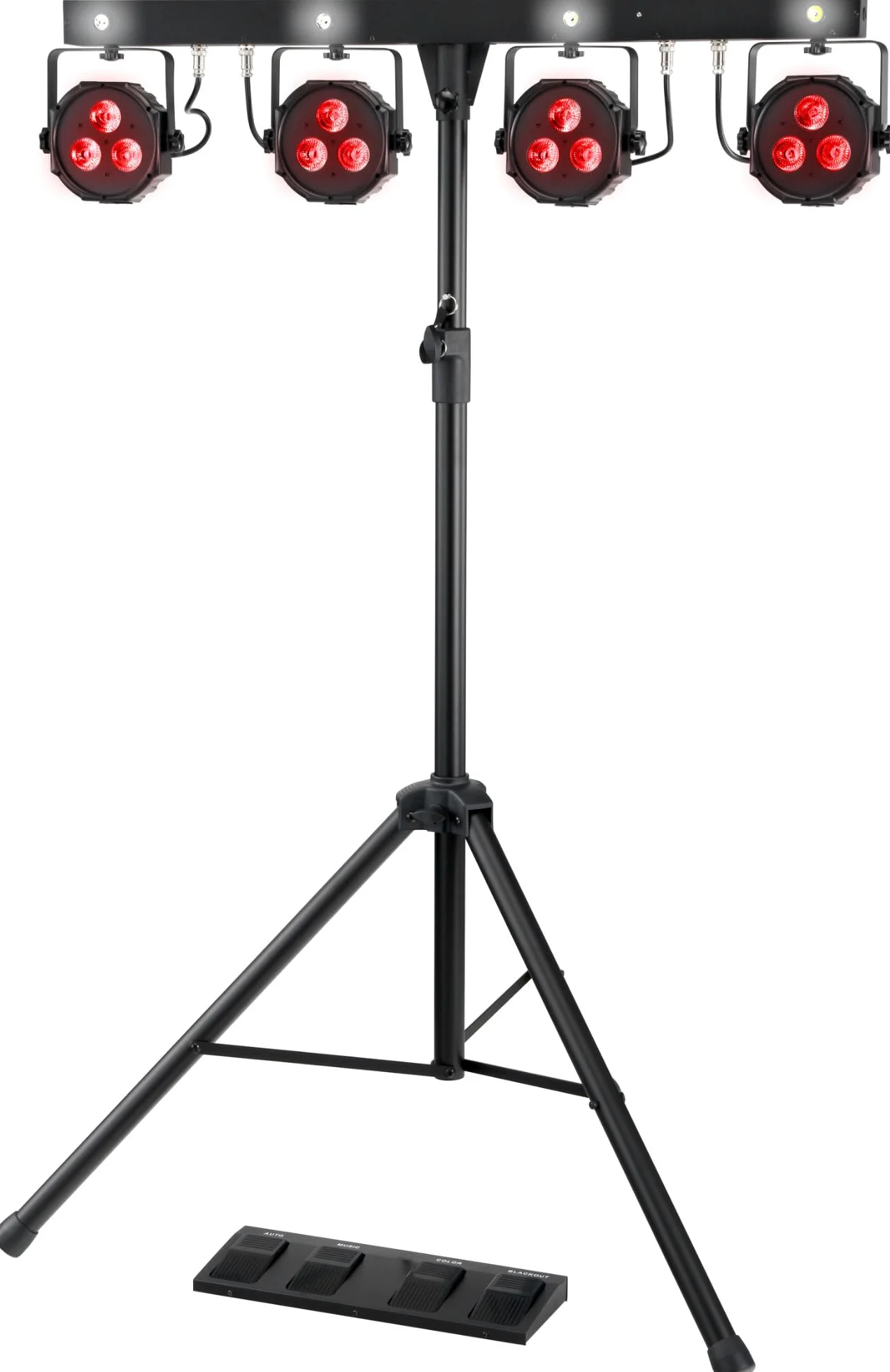 Showlite LB-4390 Sistema Completo LED RGB, con Pedale Wireless (Tri-LED PAR Spots, Strobe Spot bianchi, DMX512, Pedale Wireless, Display LCD, Microfono, T-Bar, Statore, Borse)