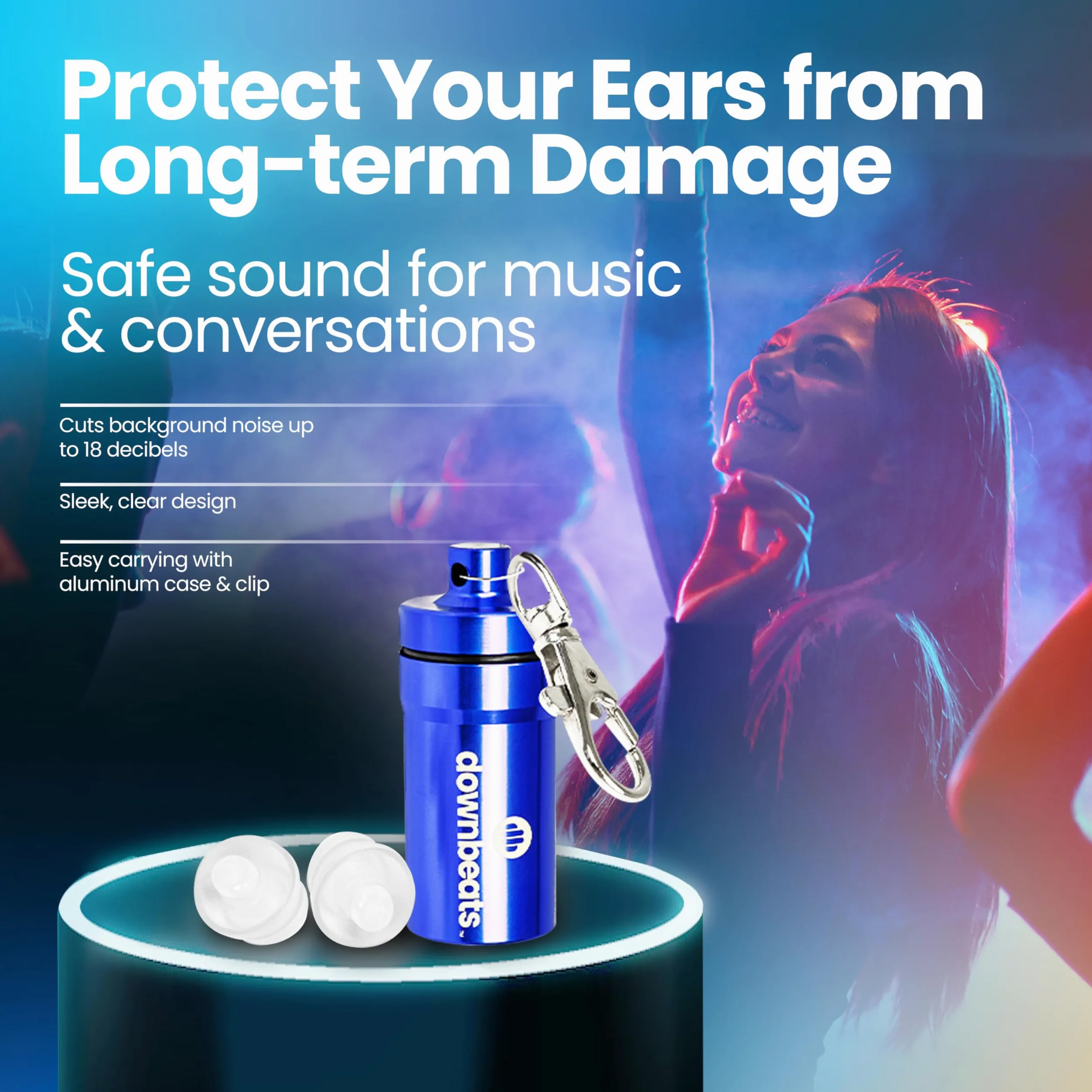 DownBeats - Tappi per orecchie riutilizzabili, ad alta fedeltà, per concerti, discoteche, musicisti, colore: Blu