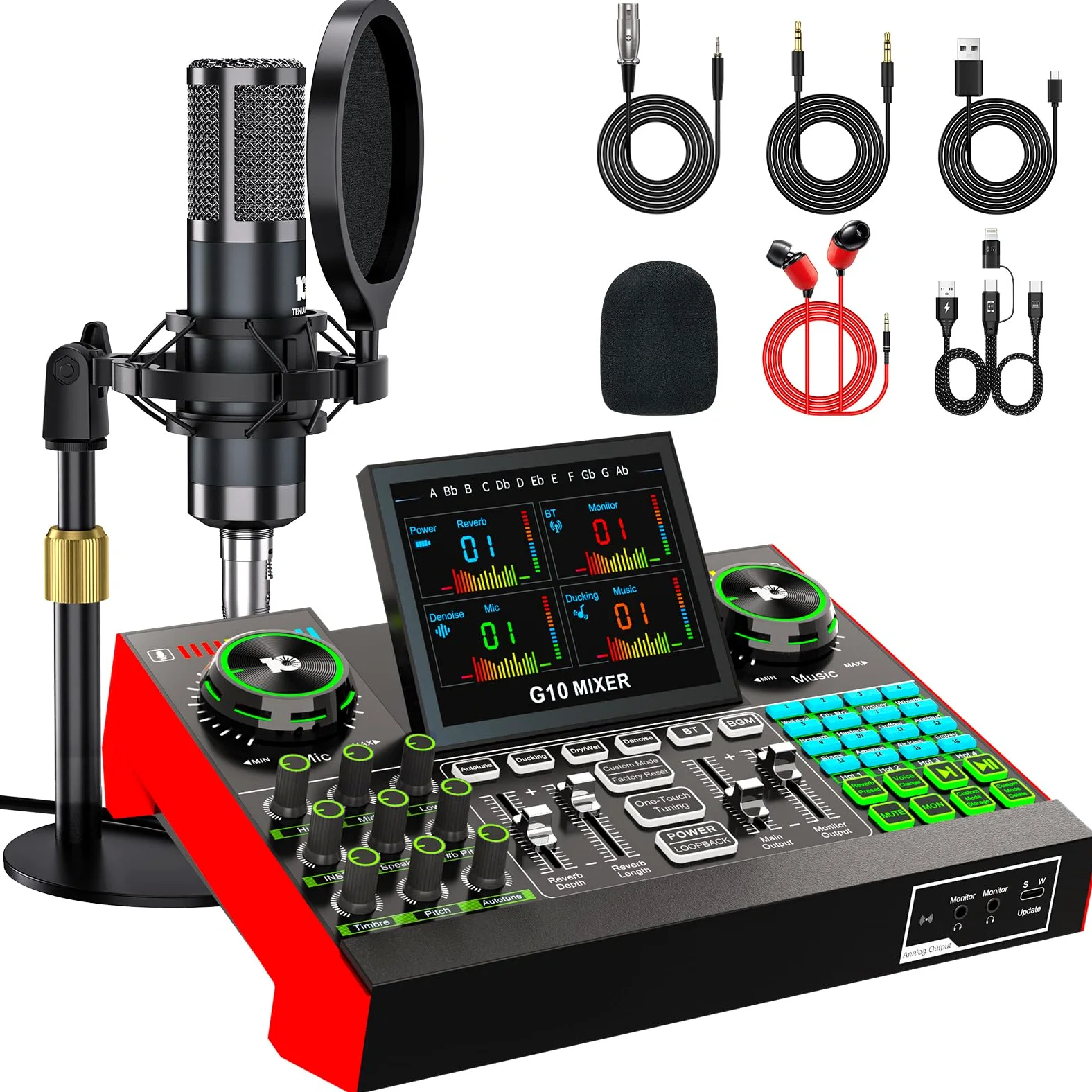 Denoise (P15) - Set di attrezzature per podcast con microfono a condensatore da 3,5 mm per pc/telefono, live streaming, canto e registrazione di musica, mixer audio con scheda audio dal vivo, scheda