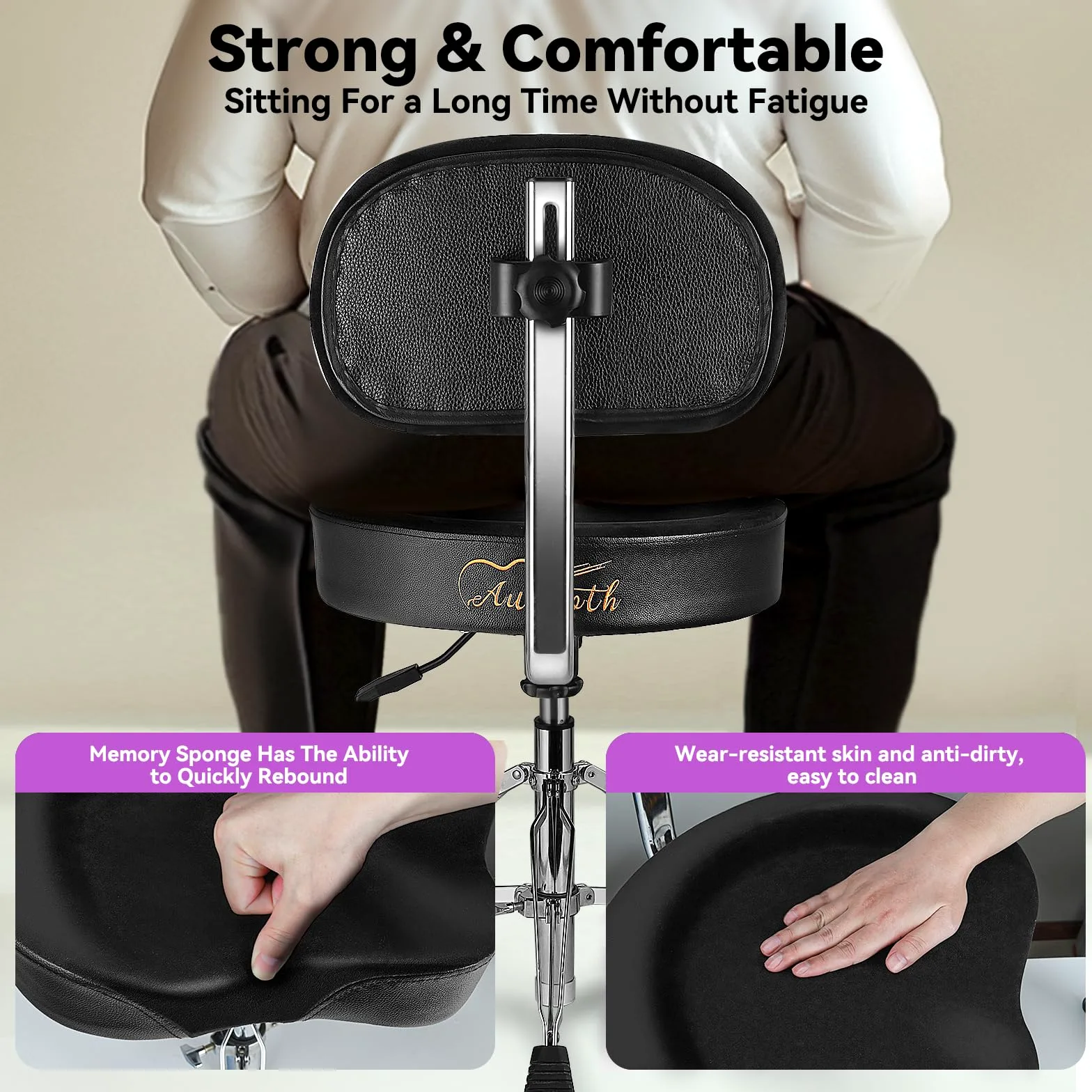 Drum Throne con schienale imbottito sedia per tamburo idraulico regolabile in altezza sgabello per batteria con bassi stabili Comodo sedile per batteria in memory foam per batteristi adulti