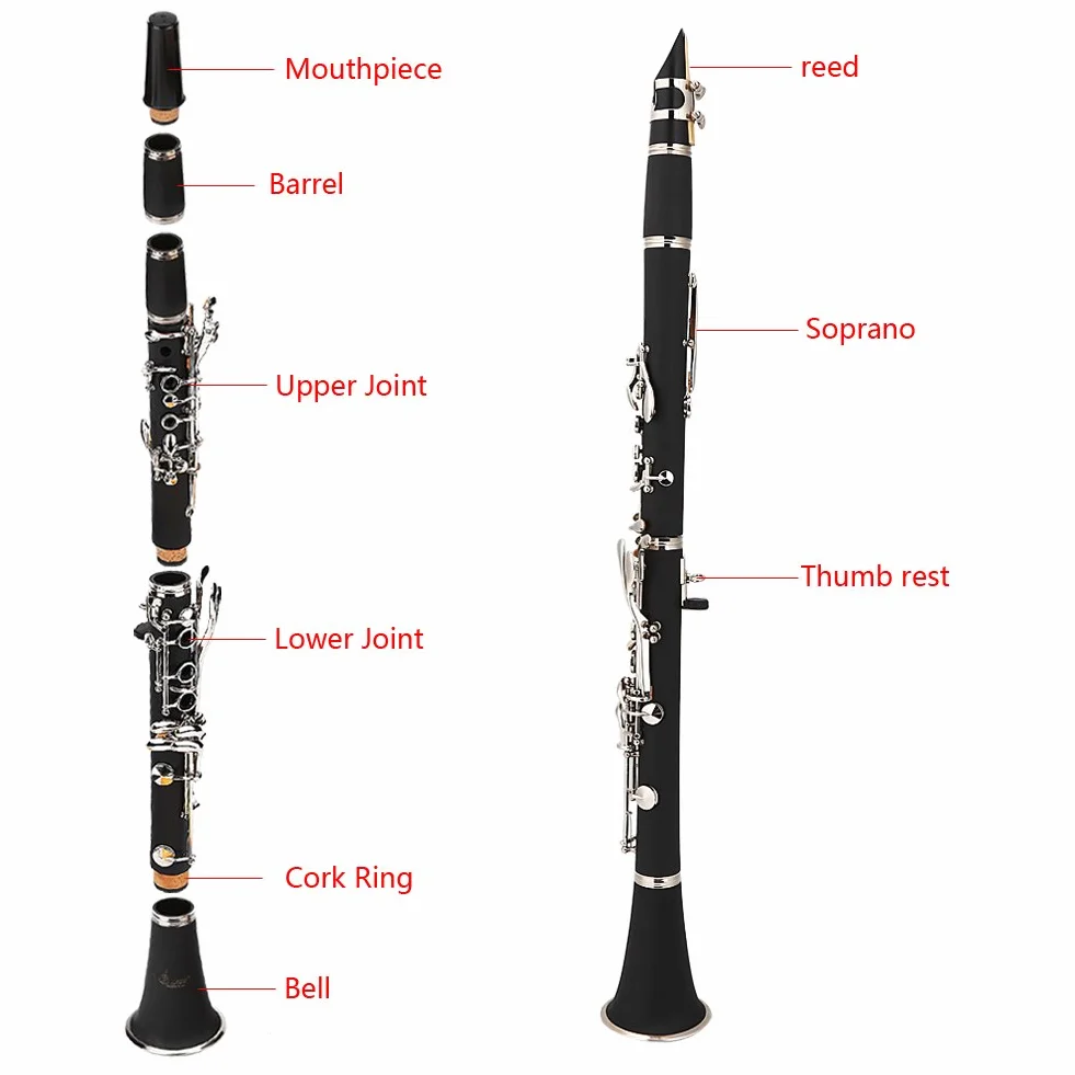 Clarinet - Clarinetto a 17 chiavi discendente al Re, con ance e panno per la pulizia