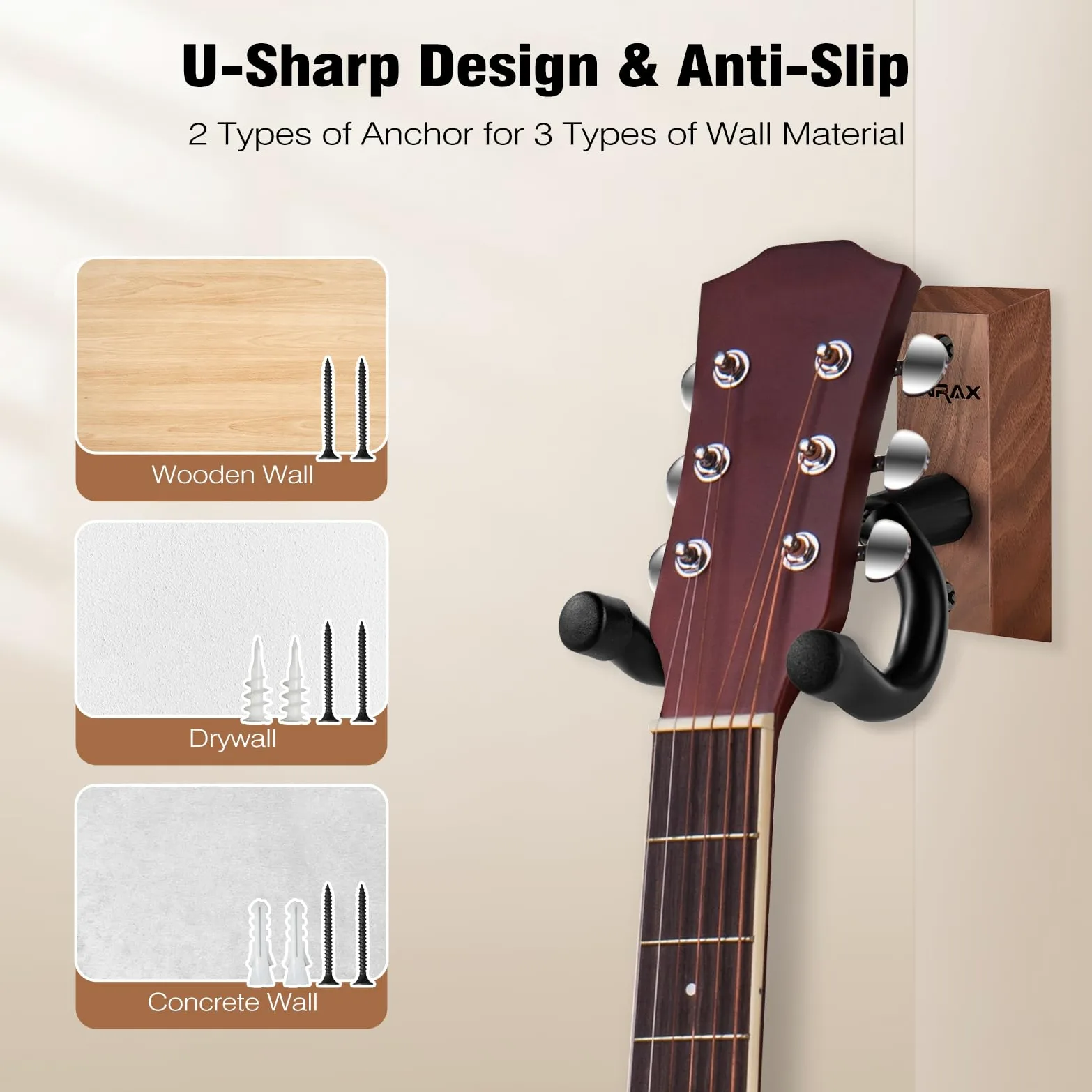 GH1 Supporto da Parete per Chitarra, 2 Pezzi, Gancio Chitarra in Noce Nero con Viti, Porta Chitarra da Muro per Chitarra Acustica Elettrica Basso Banjo Mandolino, Appendi Chitarra da Muro
