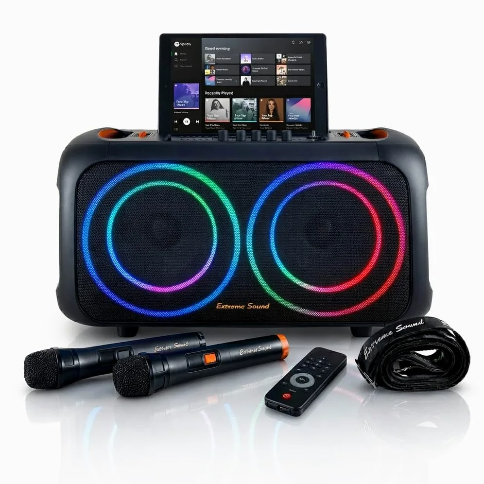 Cassa Portatile Bluetooth Ricaricabile – KIT Karaoke + 2 Microfoni - Autonomia fino a 48 ore - Radio FM, TWS, USB, AUX LED RGB, 2 Subwoofer16 cm -