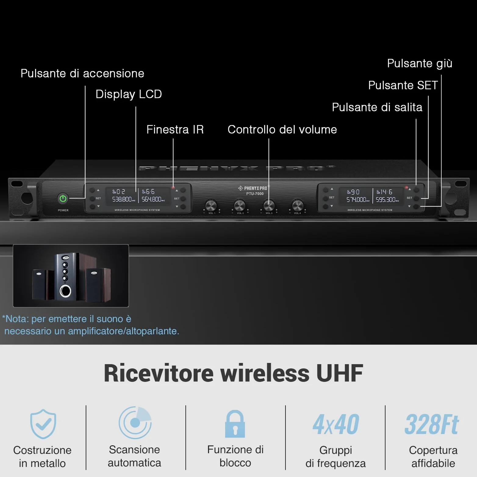 Phenyx Pro Sistema microfono wireless UHF a 4 canali con 4 bodypack, archetto/microfoni da bavero, 4x40 frequenze, scansione automatica, copertura di 328 piedi, per canto, DJ, chiesa (PTU-7000-4B)