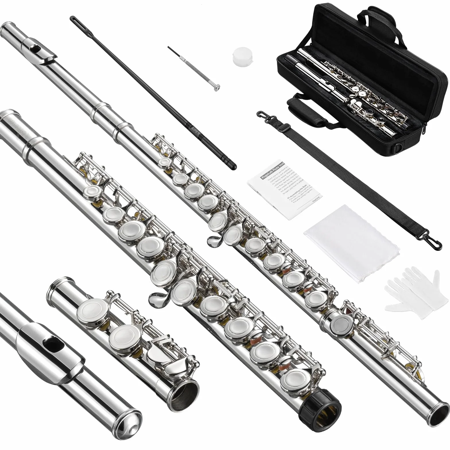 POGOLAB Flauti, Foro Chiuso C 16 Tasti, Flauto per Studenti Principianti Avanzati, con Kit di Pulizia per Flauto, Borsa per il Trasporto, Supporto, Cinghia, Asta Sonda, Guanti, Grasso, Placcato Nickel