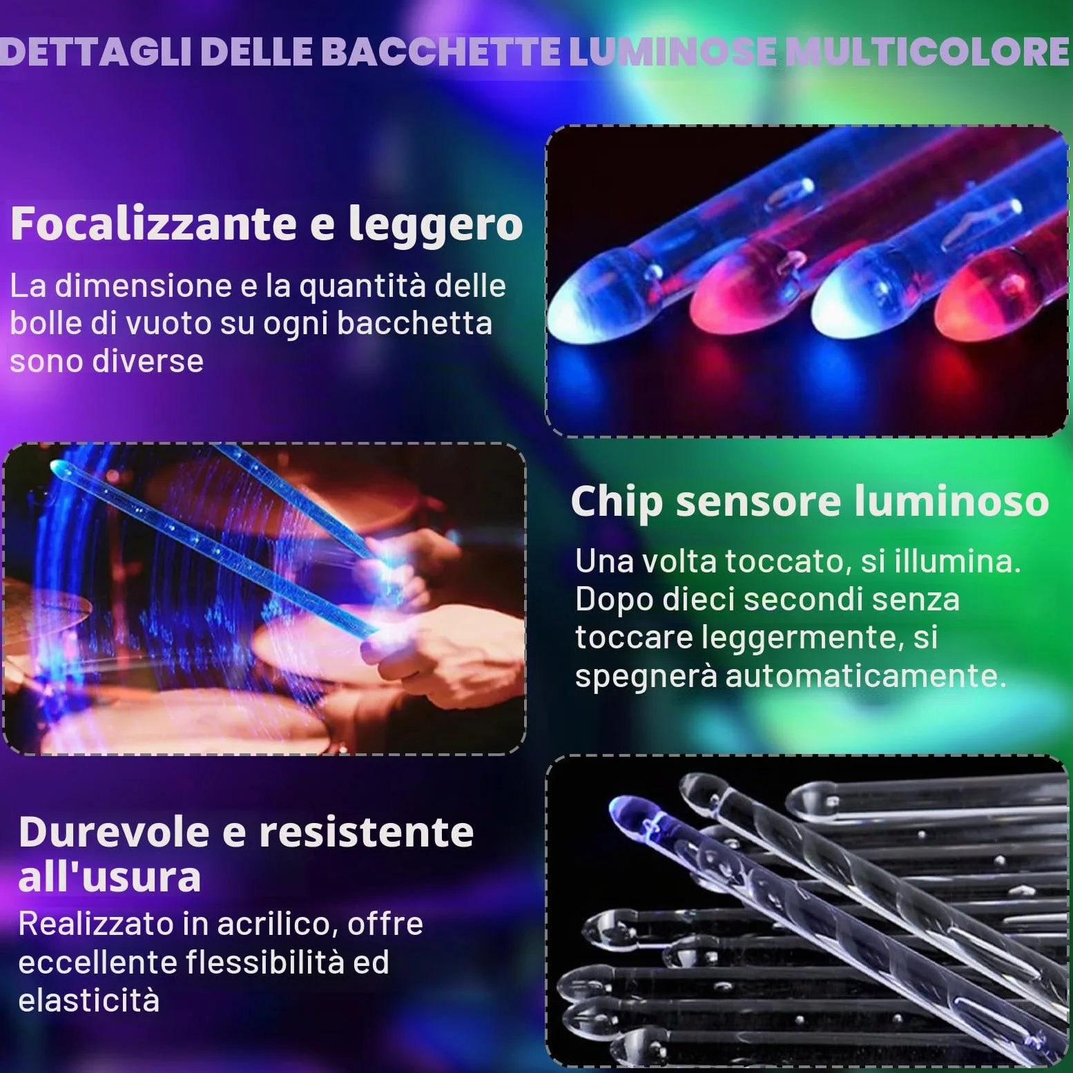 Bacchette per batteria 5A LED luminose ricaricabili, bacchette per batteria con luci fantastiche in materiale polimerico PC per set di batteria, perfette per percussioni e strumenti musicali, 15