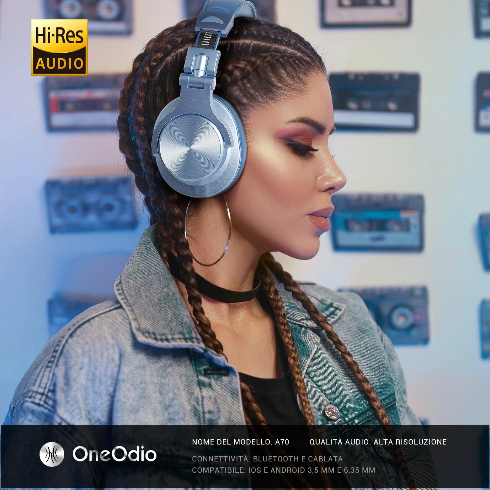 OneOdio A70 Cuffie Bluetooth Over Ear, Cuffie Cablate e Wireless Cuffie Stereo con Microfono, 72 Ore di Riproduzione, CVC 8.0, Jack 3,5 e 6,35 mm, Pieghevole/per DJ/Chitarra/Cellulare/PC (Blu)