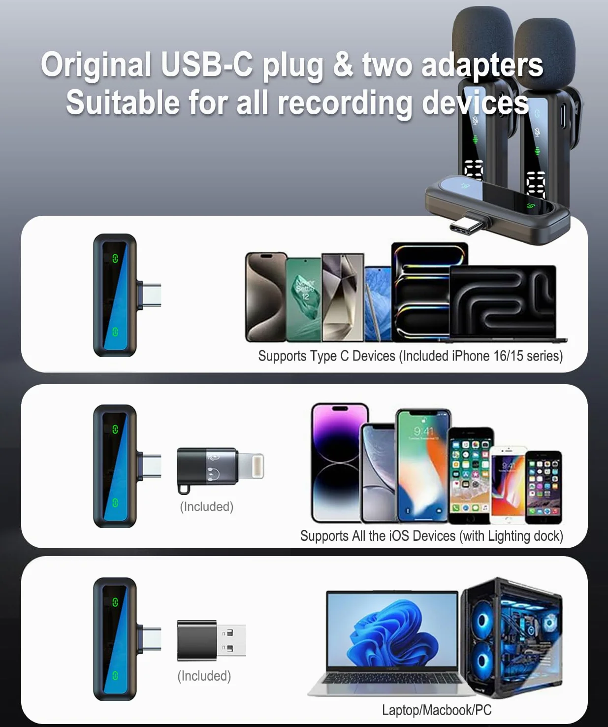 Aiwgyibo Microfono Wireless - Microfono Bluetooth Compatibile con iPhone/Android/Computer, Microfono Lavalier con Funzione di Riduzione del Rumore, Supporta Trasmissione Live, Vlog e Interviste