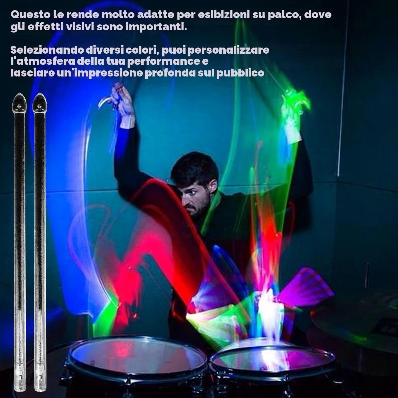 Bacchette per batteria 5A LED luminose ricaricabili, bacchette per batteria con luci fantastiche in materiale polimerico PC per set di batteria, perfette per percussioni e strumenti musicali, 15